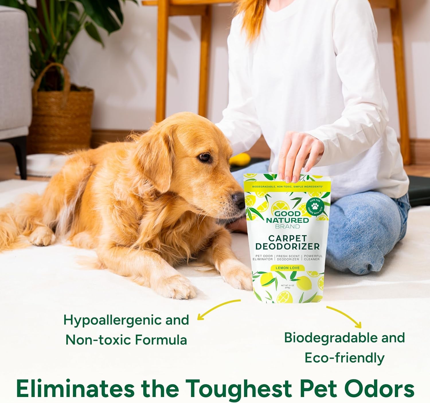 | Carpet Deodorizer & Freshener Powder | 31 Oz Pet Odor Eliminator for Strong Odor & Pet Urine | Fresh Natural Lemon Scent | Safe for Homes with Pets