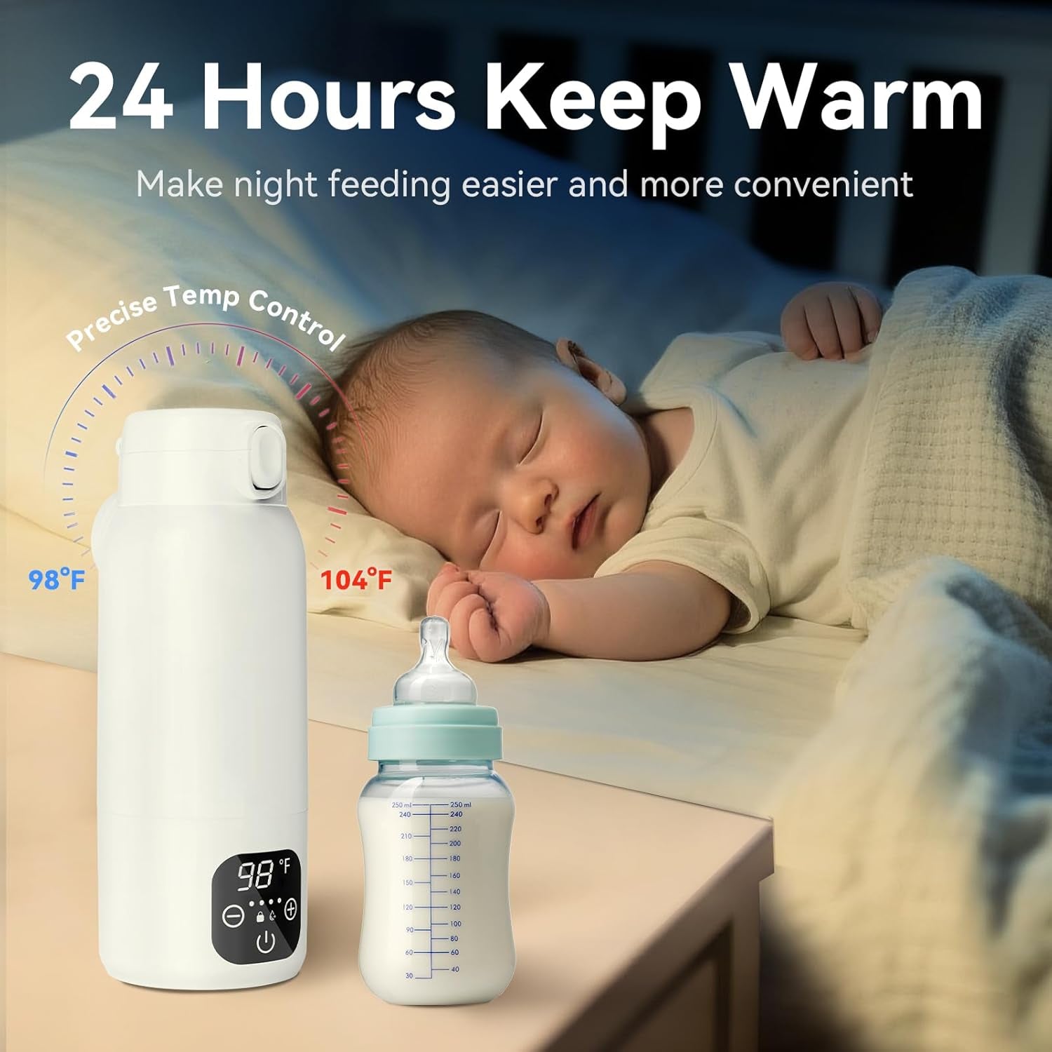 Portable Baby Bottle Warmer for Travel, 17 Oz Stainless Steel 316L Tank, 3 Min Quick Heat & Pasteurization Function, Smart Dual Temp Control for Sustained All-Day Warmth of Breast Milk/Formula/Water.