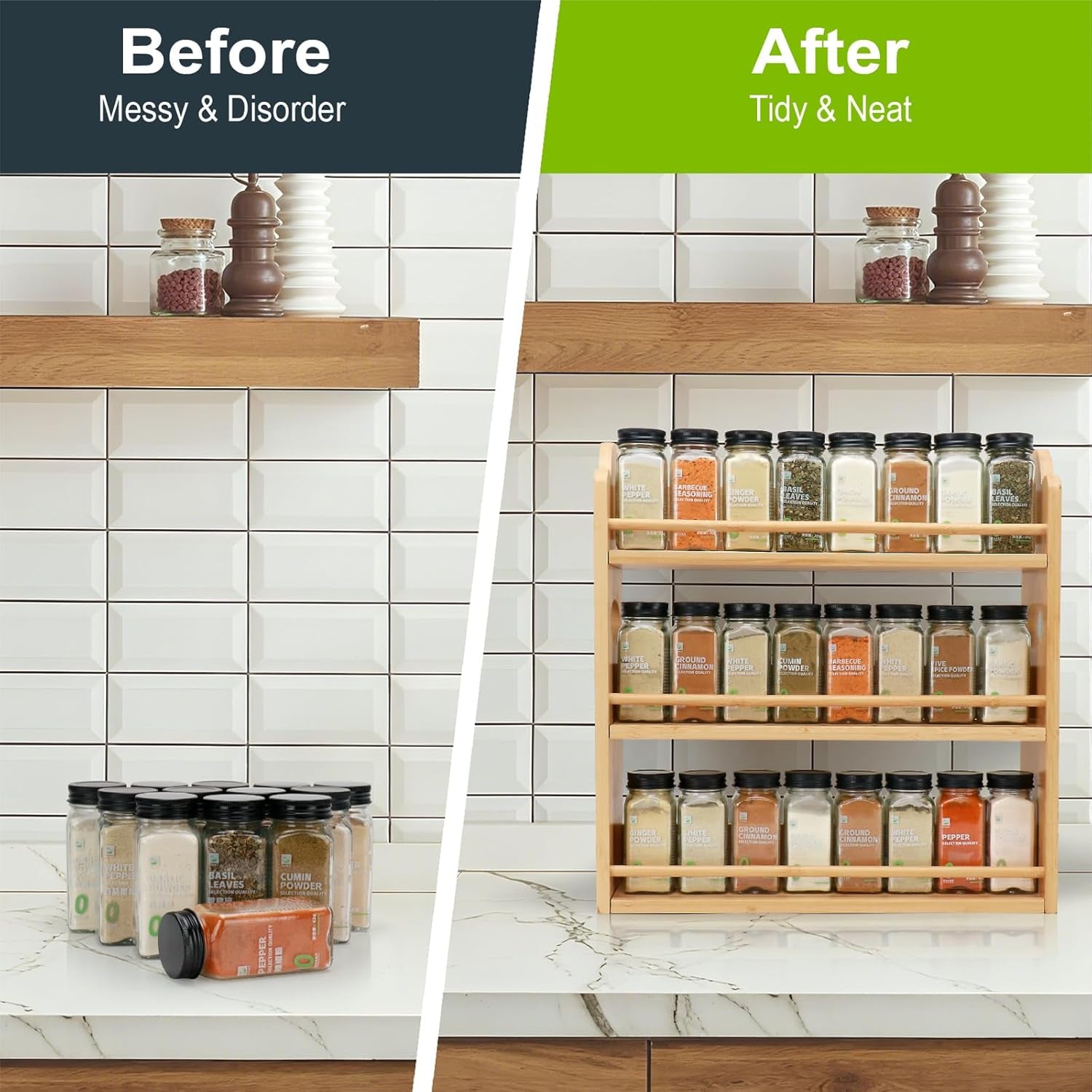 3 Tier Bamboo Spice Rack, Spice Rack Organizer, Seasoning Jars Rack Shelf Spice Organizer for Kitchen Counter or Wall Mounting, Spice Storage Holder with Handles, Jars Not Included,Natural