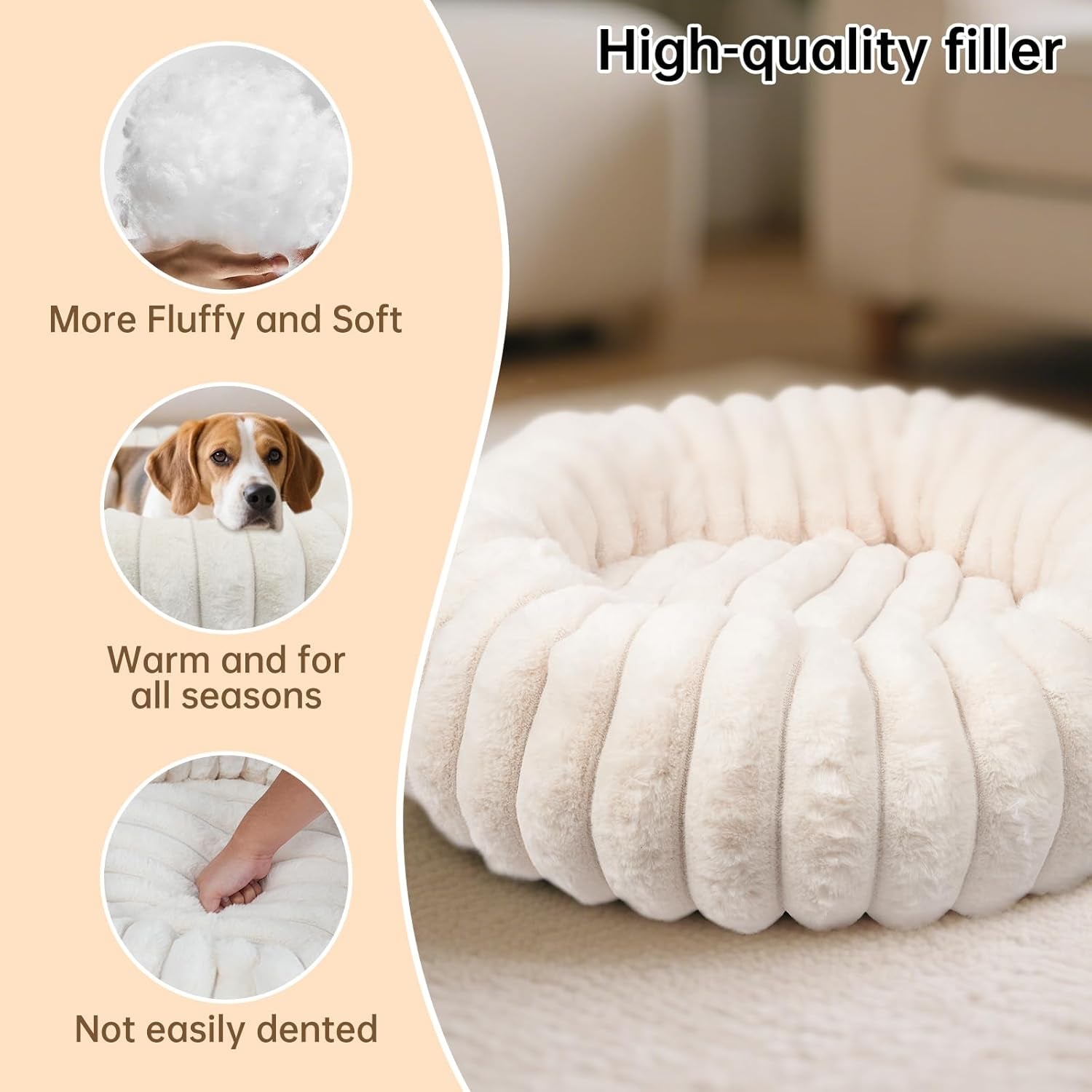 Donut Dog and Cat Bed, Luxurious Comfortable Faux Rabbit Fur Pet Beds, round Anti-Anxiety Calming Puppy Kitten Bed with Anti-Slip Bottom for Small Medium Dogs & Cats(27", Brown)