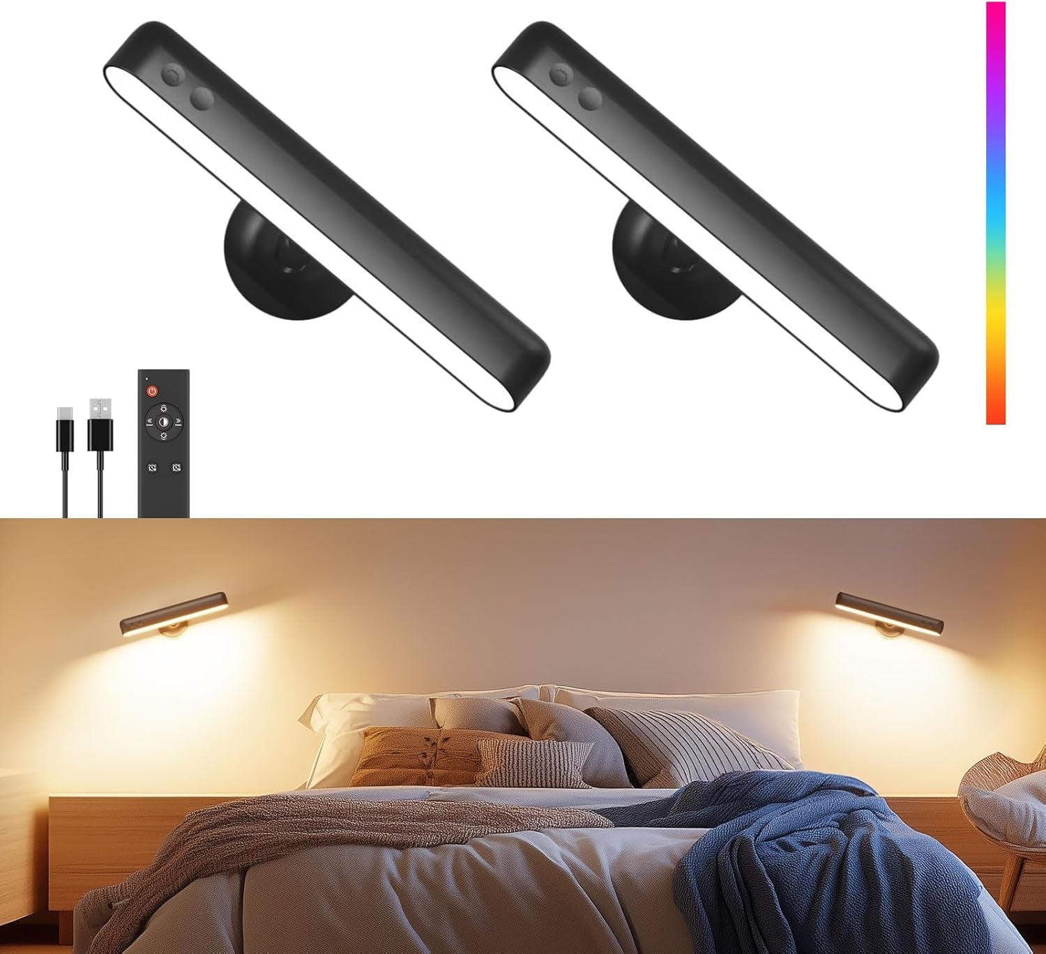 Rechargeable 7500Mah Battery Operated Wall Sconces for Bedroom,Led Wall Lights with Remote Control and Touch,360Â° Rotation,3 Colors Temperatures Dimmable Black Wall Lamps with 15 RGB Colors,2 Pack