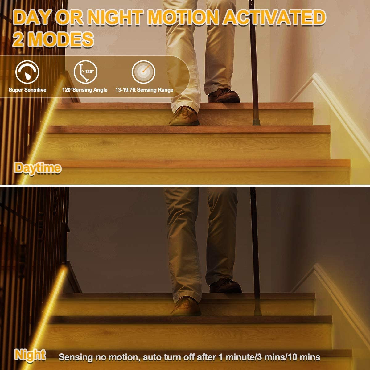Motion Activated LED Strip Lights, 16.4Ft LED Light Strip with Day or Night 2 Lighting Modes,3 Timing off Modes,Cozy Warm White 12V Plug-In LED Rope Lights for under Cabinet,Kitchen,Stair