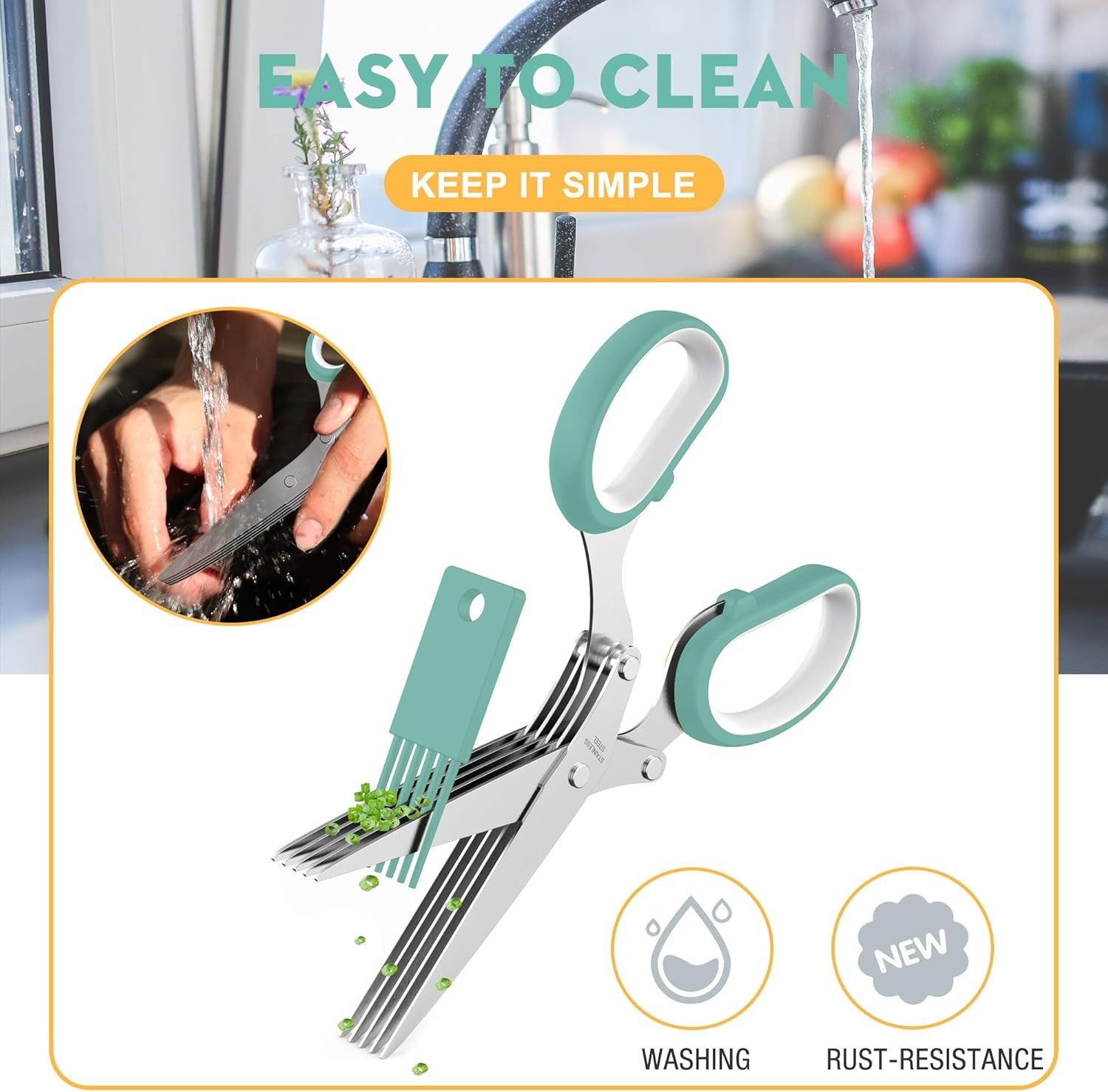 Herb Scissors with 5 Blades and Cover, Kitchen Herb Cutter with Cleaning Comb, Stainless Steel Multi Blade Herb Shears for Basil Parsley Cilantro, Easy Clean Cooking Tool, Unique Kitchen Gadgets Gift