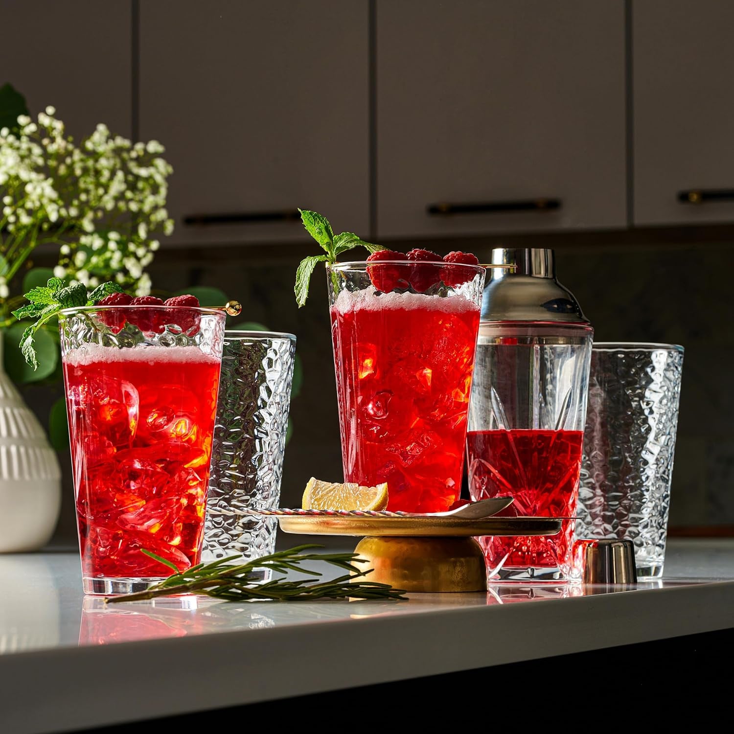 Set of 10 Hammered Glass Cups, 16Oz. Dishwasher Safe Cocktail Drinking Glasses - Clear Heavy Base Stemmed Water Glasses, Tall Beer Glasses, Bar Glass, Juice, Iced Tea, Margarita, & Everyday Drinks.