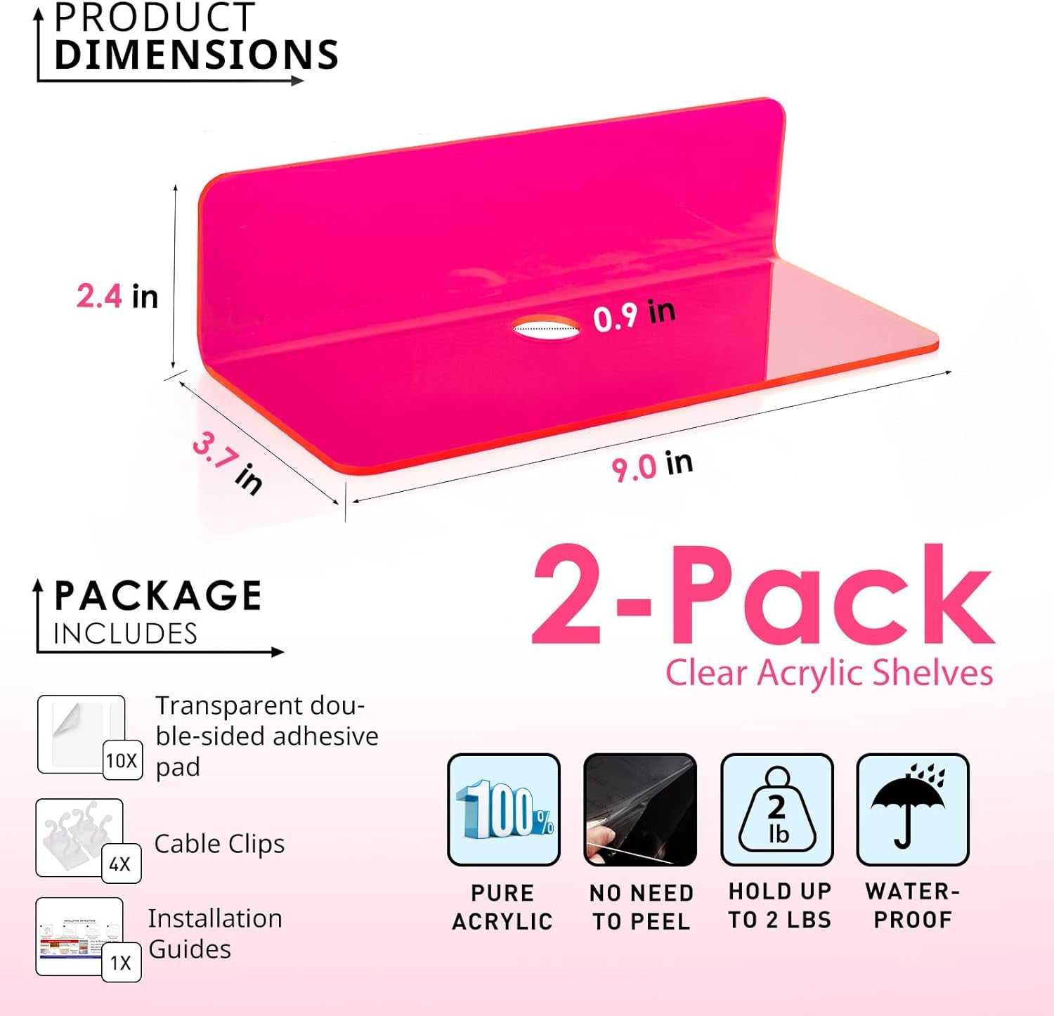 Acrylic Floating Shelves Set of 2 - Easily Expand Wall Space - Small Wall Shelf with Strong Adhesive for Bedroom, Kids' Room, Bathroom, Etc (Fluorescent Pink)