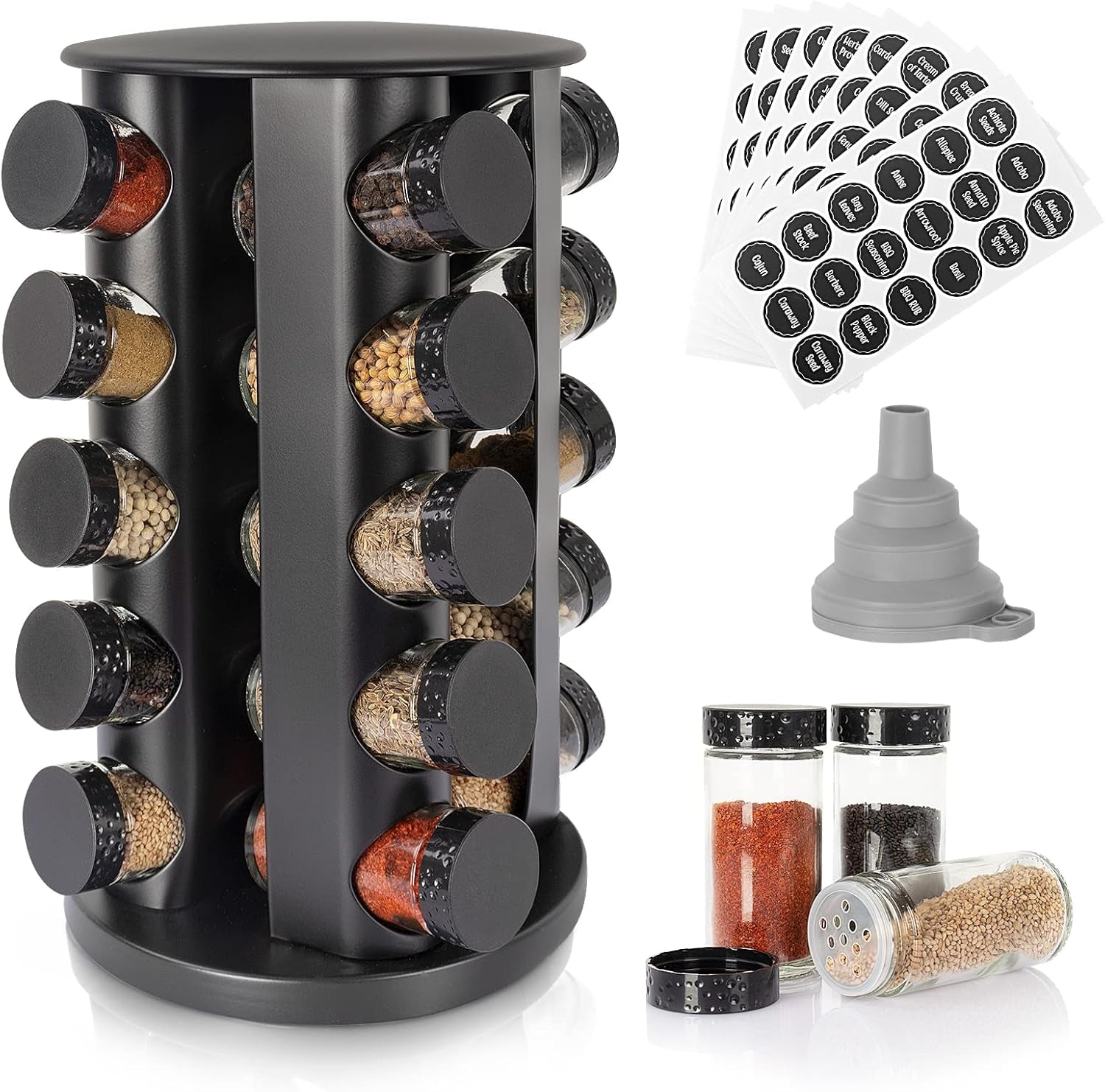 Black Countertop Rotating Spice Rack, round Empty 20-Jars Revolving Spice Rack Organizer, 135 Spice Labels with Funnel Complete Set, for Kitchen Countertop, Cabinet