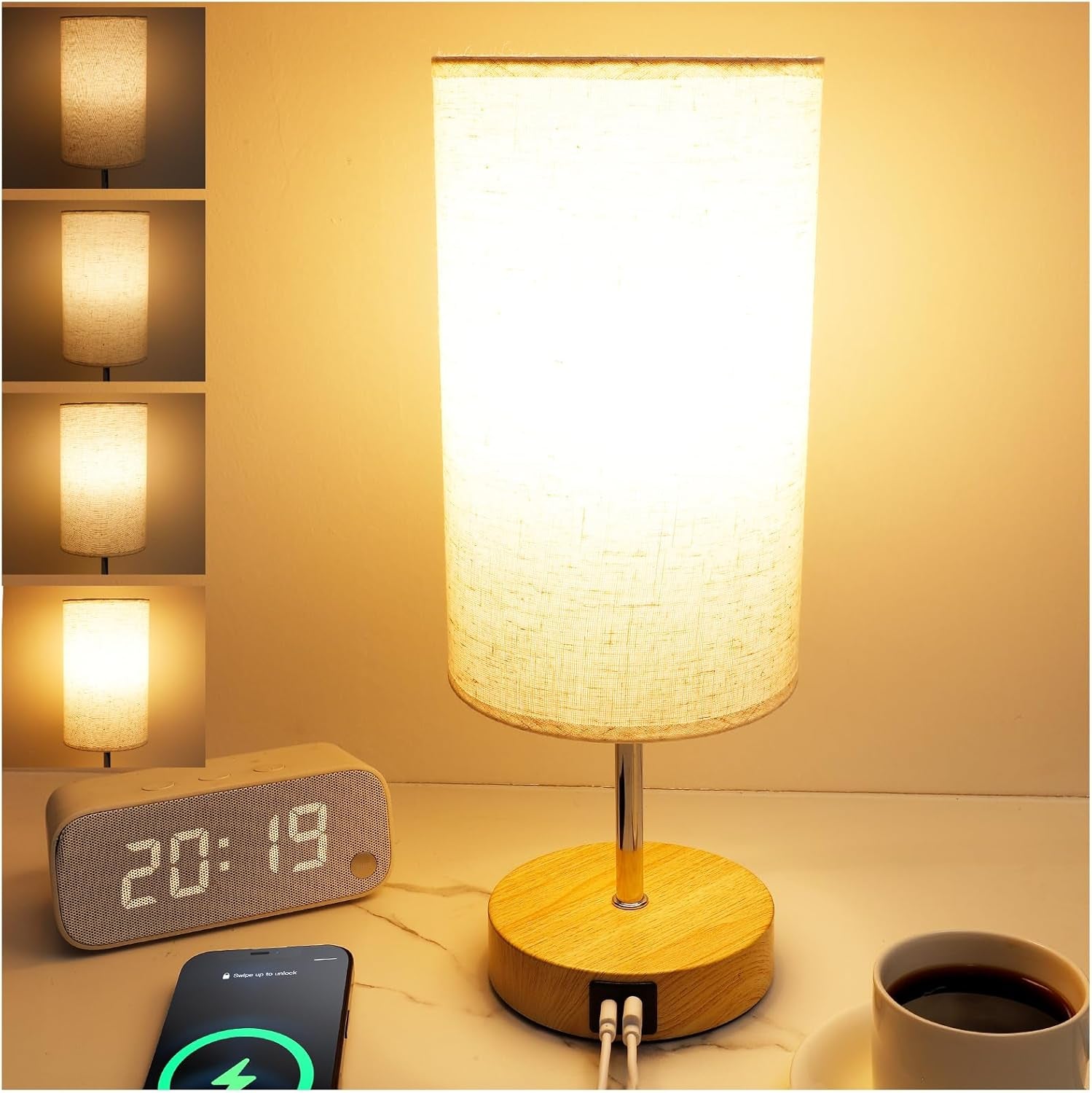 Touch Control Bedside Table Lamp with USB-C Charging Ports, 4-Way Dimmable Nightstand Lamp with Wood Base & Fabric Shade for Bedroom Living Room