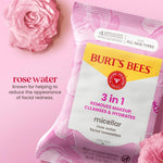 Burts Bees Micellar Rose Water Facial Towelettes, 100% Plant Based Cloth; 99% Natural Origin; Remove Makeup, Cleanse, Hydrate; No Greasy, Oily Residue; All Skin Types; 30 Ct, Pack of 3 (Pack May Vary)