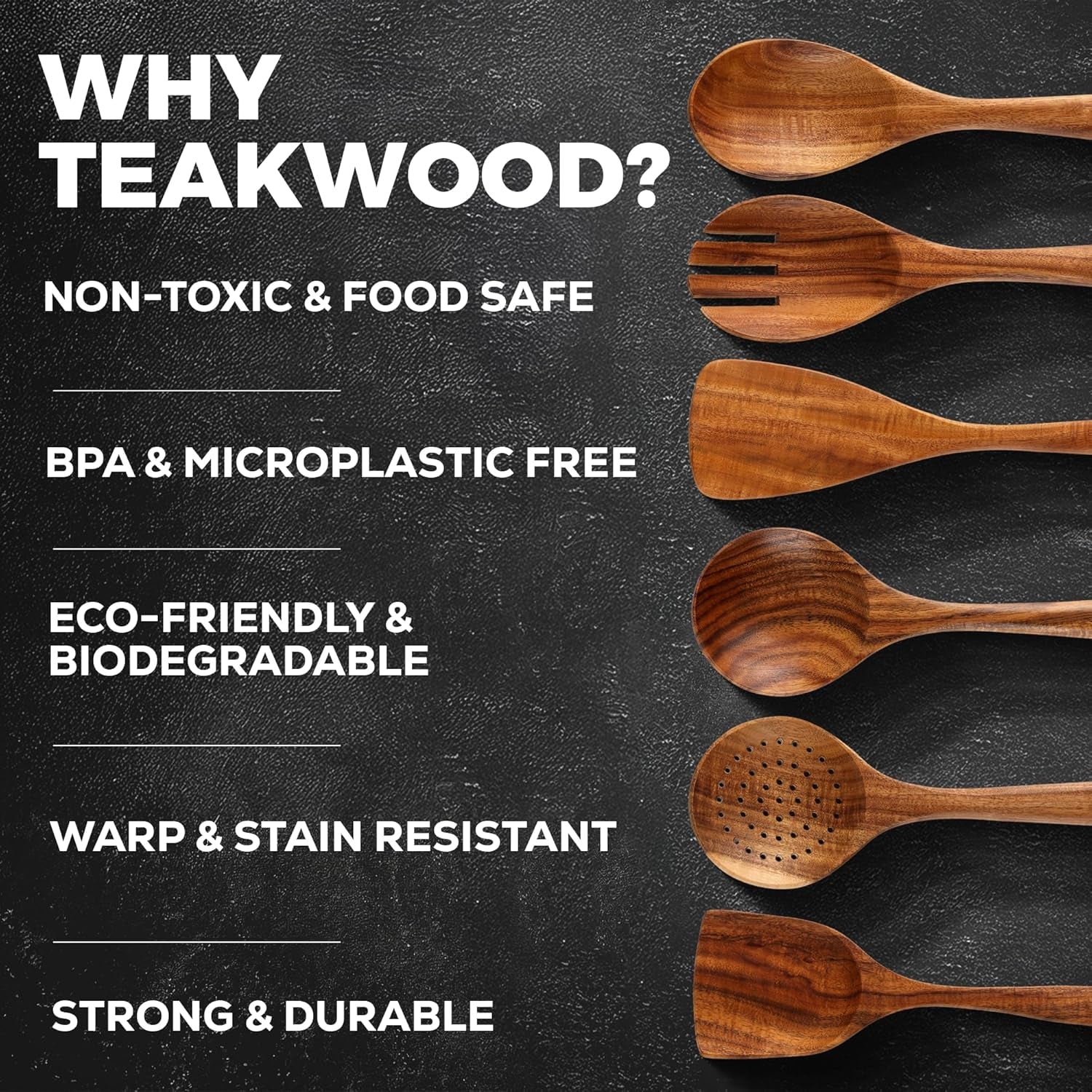 6 Piece Wooden Spoons for Cooking – Natural Teak Wooden Utensil Set, Easy to Clean, Durable, Smooth with Comfort Grip - Non Toxic Wooden Cooking Utensil Sets