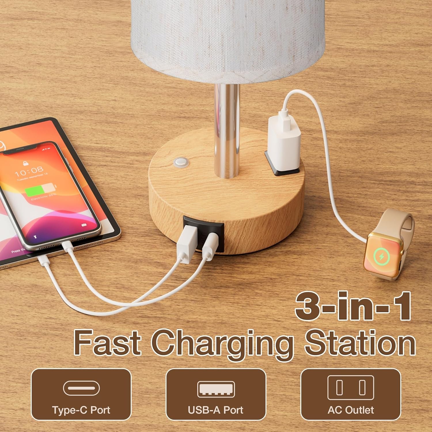 Touch Bedside Table Lamp with Memory - Stepless Dimmable Lamp for Bedroom, Small Nightstand Lamp with Dual USB Charging Ports and AC Outlet, Wood Night Light, Desk Lamp for Nursery, Living Room, Dorm