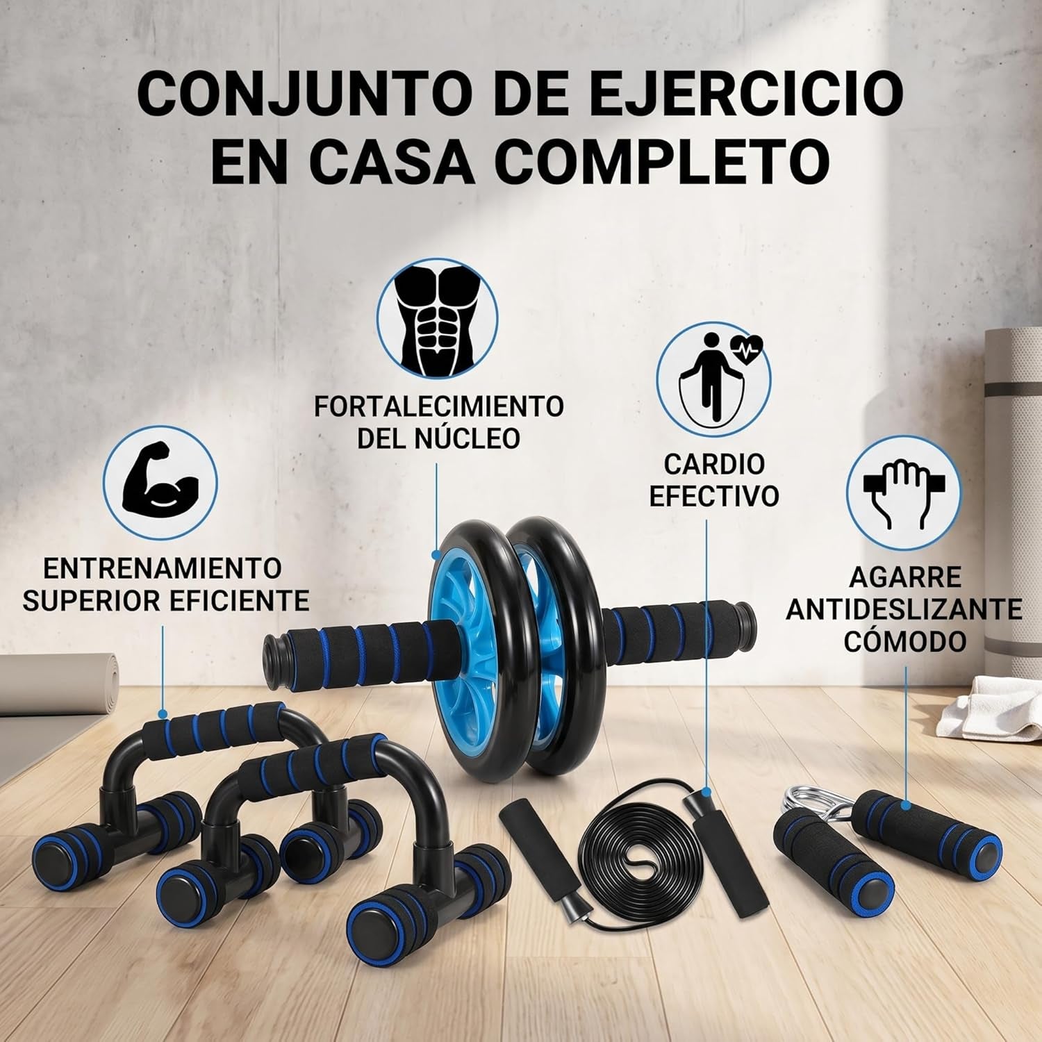AB Wheel Roller Kit with Push-Up Bar, Knee Mat, Jump Rope and Hand Gripper - Home Gym Workout for Men Women Core Strength & Abdominal Exercis