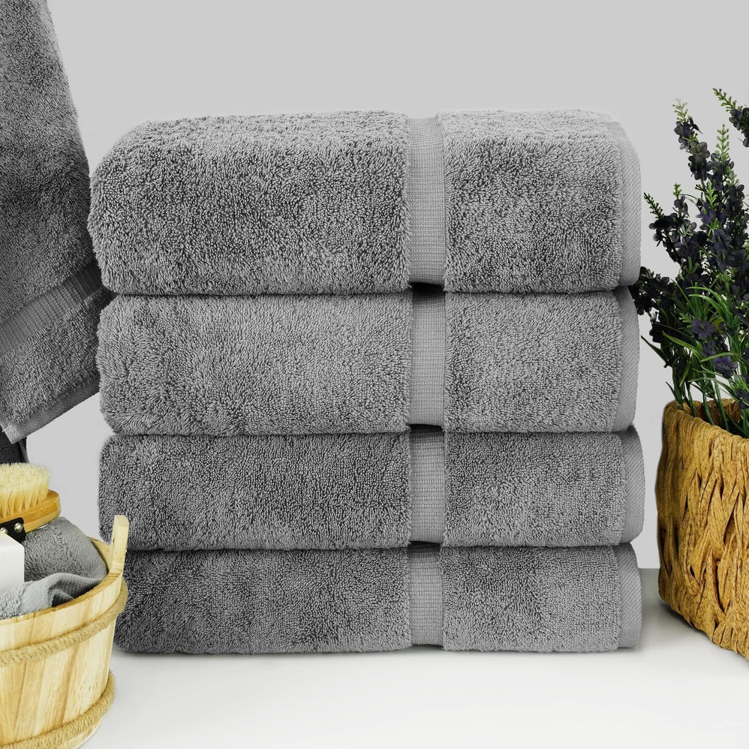 4 Piece Bath Towel Set, 100% Cotton Luxury Turkish Towels for Bathroom, Soft Absorbent Bath Towels, 27 X 54 Inches, Gray