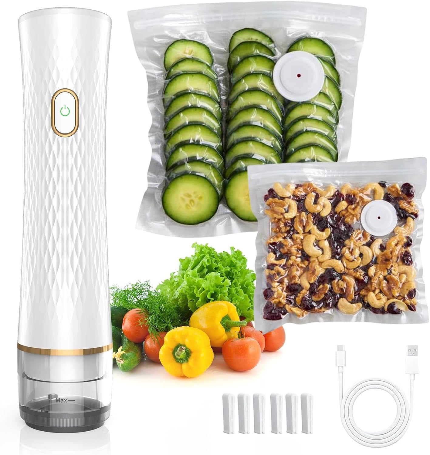 Handheld Vacuum Sealer for Food, Compact Portable Vacuum Sealer Machine with 30 Reusable Vacuum Bags, 65Kpa Cordless Food Sealer, USB Rechargeable, White