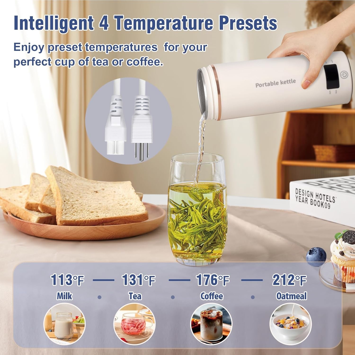 Travel Electric Kettle Portable Mini Kettle,Small Hot Water Boiler with 4 Temperature Settings,304 Stainless Steel,Fast Boiling Water with Auto Shut-Off and Boil Dry Protection,400Ml (Beige, 400ML)
