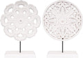 2 Pack Wooden Carved Cutout Flower Medallion Sculpture, Rustic Distressed White MDF Statues Home Tabletop Decor, Decorative Ornaments for Living Room, Bedroom, Office Desktop, Cabinets