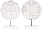 2 Pack Wooden Carved Cutout Flower Medallion Sculpture, Rustic Distressed White MDF Statues Home Tabletop Decor, Decorative Ornaments for Living Room, Bedroom, Office Desktop, Cabinets