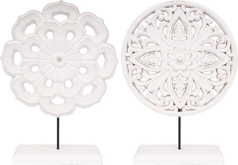 2 Pack Wooden Carved Cutout Flower Medallion Sculpture, Rustic Distressed White MDF Statues Home Tabletop Decor, Decorative Ornaments for Living Room, Bedroom, Office Desktop, Cabinets