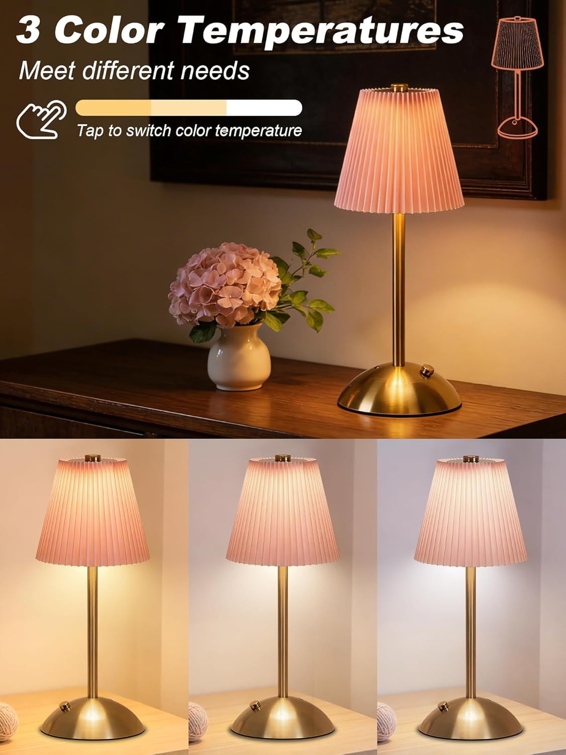Cordless Table Lamp,Touch Led Reading Light,Small Desk Lamp with 3 Colors,Portable Battery Operated Light with Fabric Shade,Dimmable Night Light for Bedroom Living Room Office(Pink)
