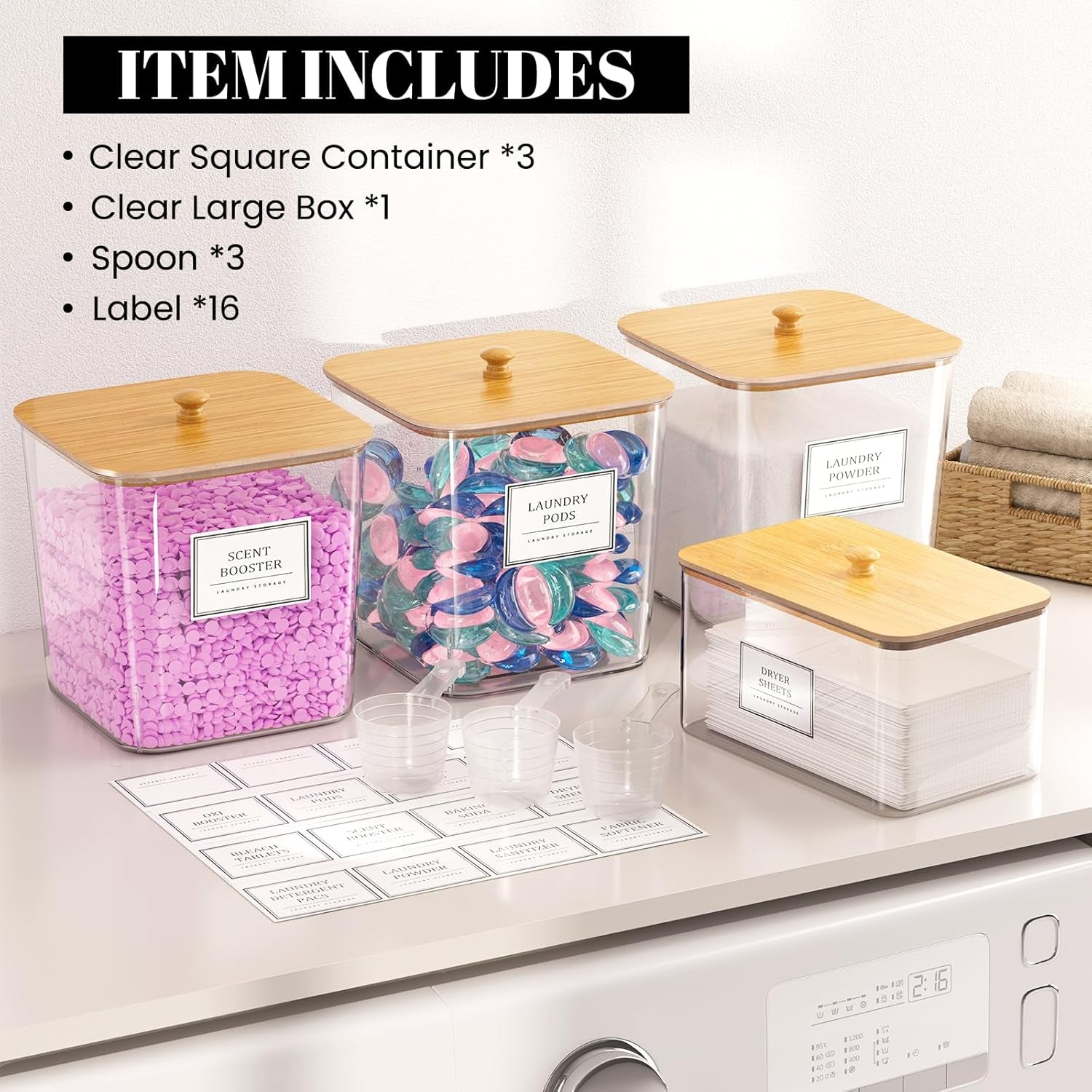 Laundry Pods Storage Container, Clear Laundry Room Organization and Storage,Detergent Powder Container,With Wooden Lids & Labels, 3+1 Pack