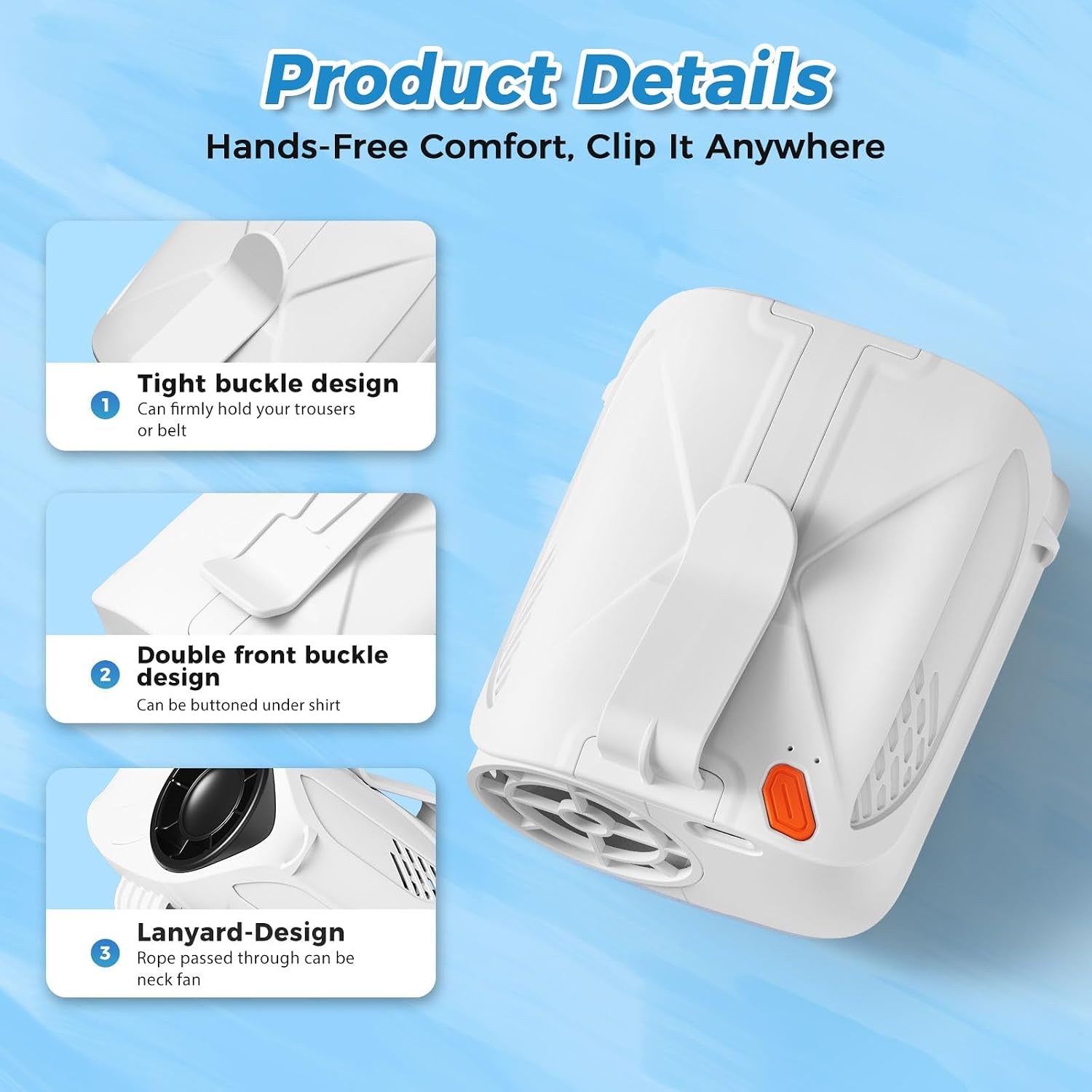 Waist Fan Portable Clip On: 6000Mah Mini Rechargeable Personal Belt Cooling Fan under Shirt - Cool Body Fans under Clothes for Outdoor Travel Walking Work for Men and Women (White)