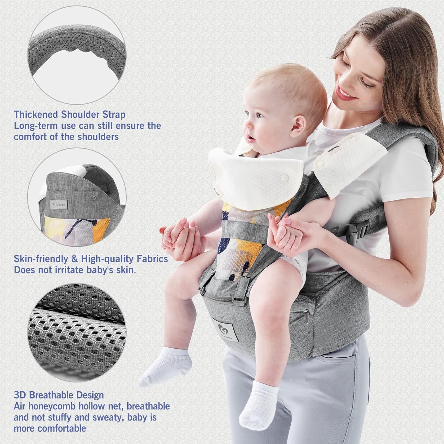 Baby Carrier,  Multifunction Baby Carrier Hip Seat (Ergonomic M Position) for 3-36 Month Baby, 6-In-1 Ways to Carry, All Seasons, Adjustable Size, Perfect for Shopping Travelling (Grey)