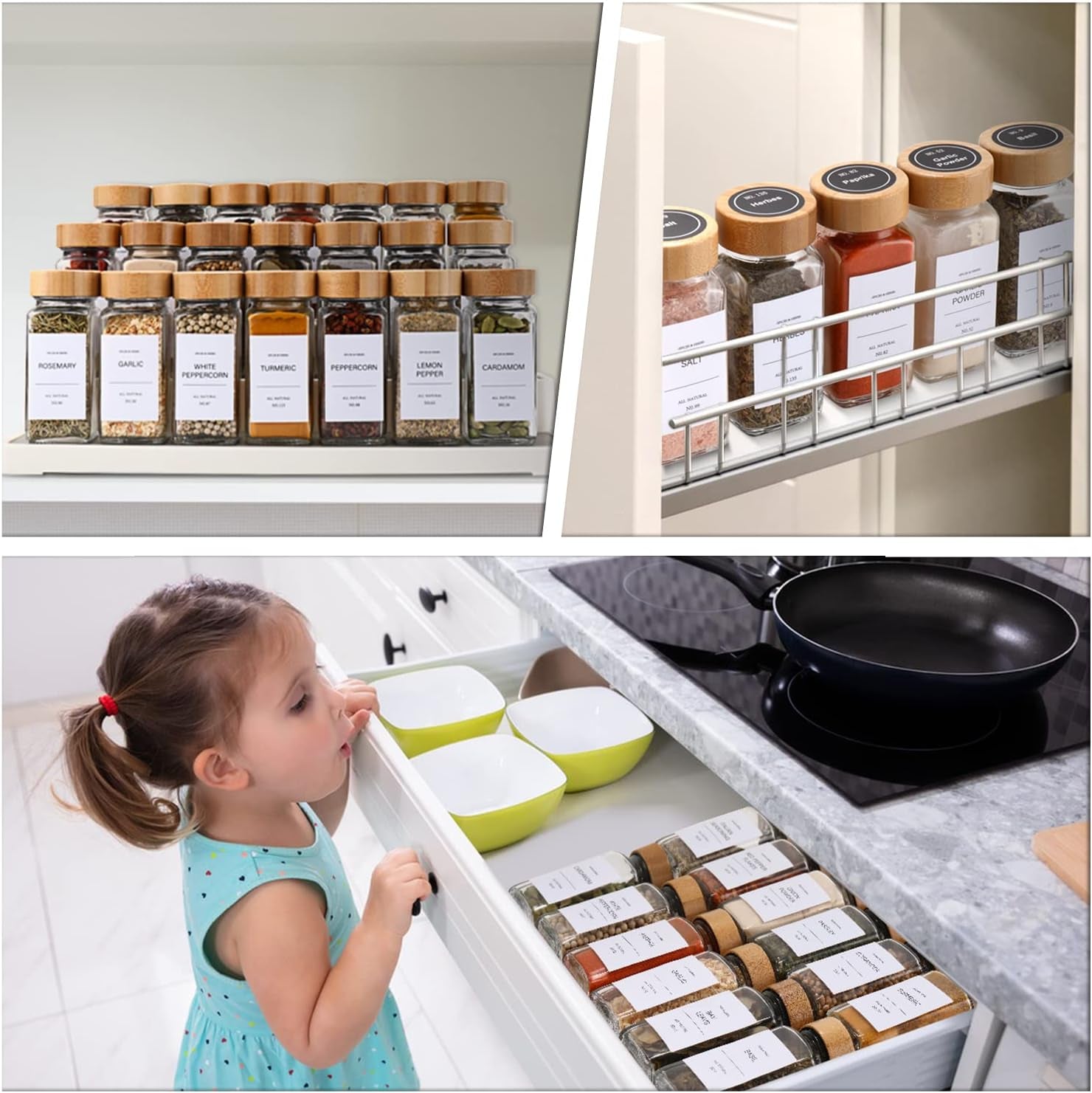 Spice Jars with Label 24Pcs,Seasoning Containers,Glass Spice Jars with Bamboo Lids,Kitchen Essentials,Spices Container Set,Kitchen Set,Seasoning Organizer,Spice Rack Organizer for Cabinet