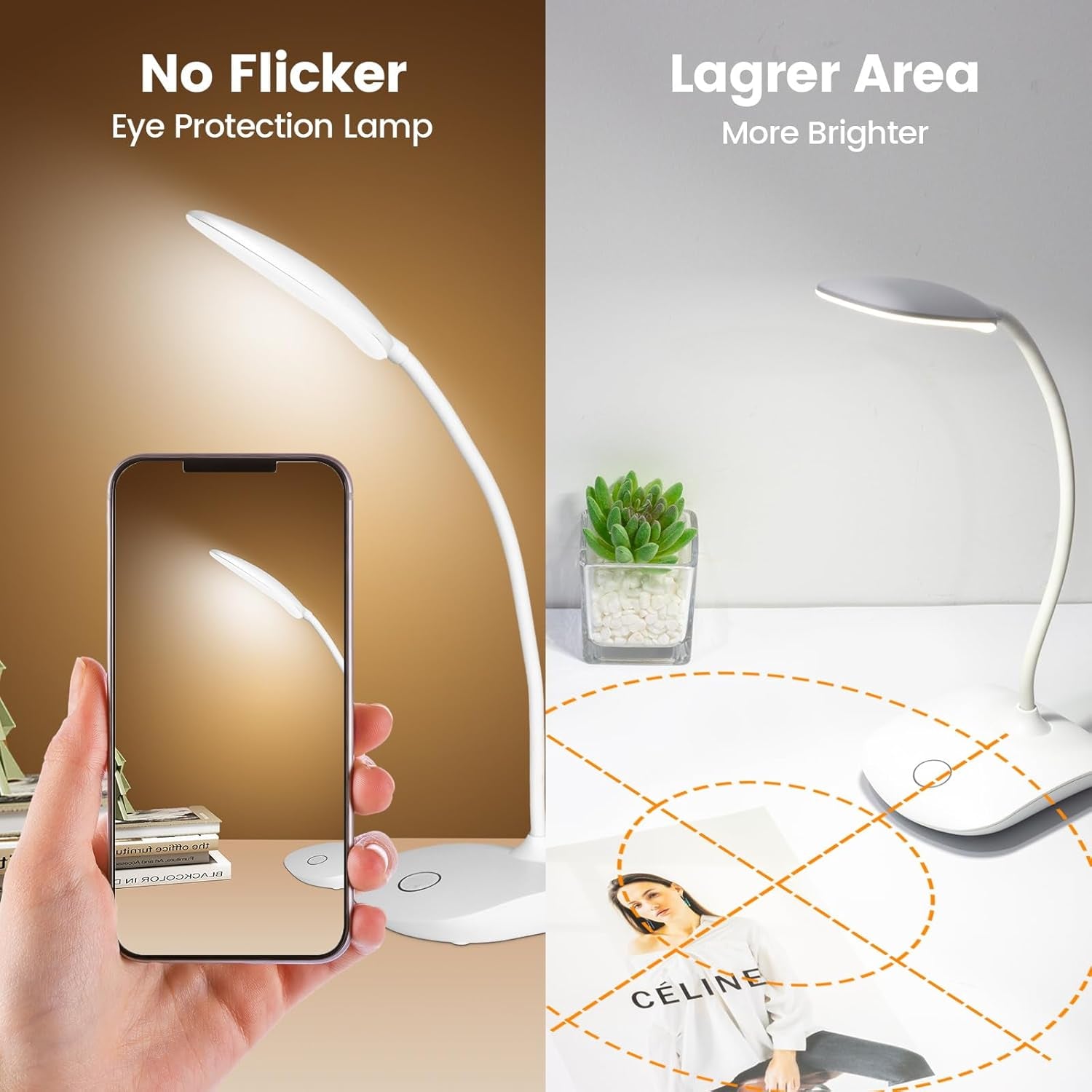 Battery Powered Desk Lamp, Portable Lamps Rechargeable 3 Color Modes Touch Control Stepless Dimming, Wireless Desk Lamp with 2000Mah, Small LED Table Light for Dorm Study Office Bedroom,White
