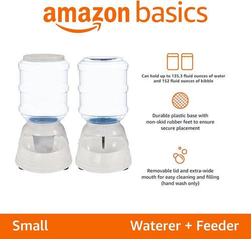 Automatic Pet Water Dispenser and Gravity Food Feeder Set for Cat and Dog, Easy to Clean, 6-Pound Food Capacity, 1-Gallon, Small, Gray, Pack of 2