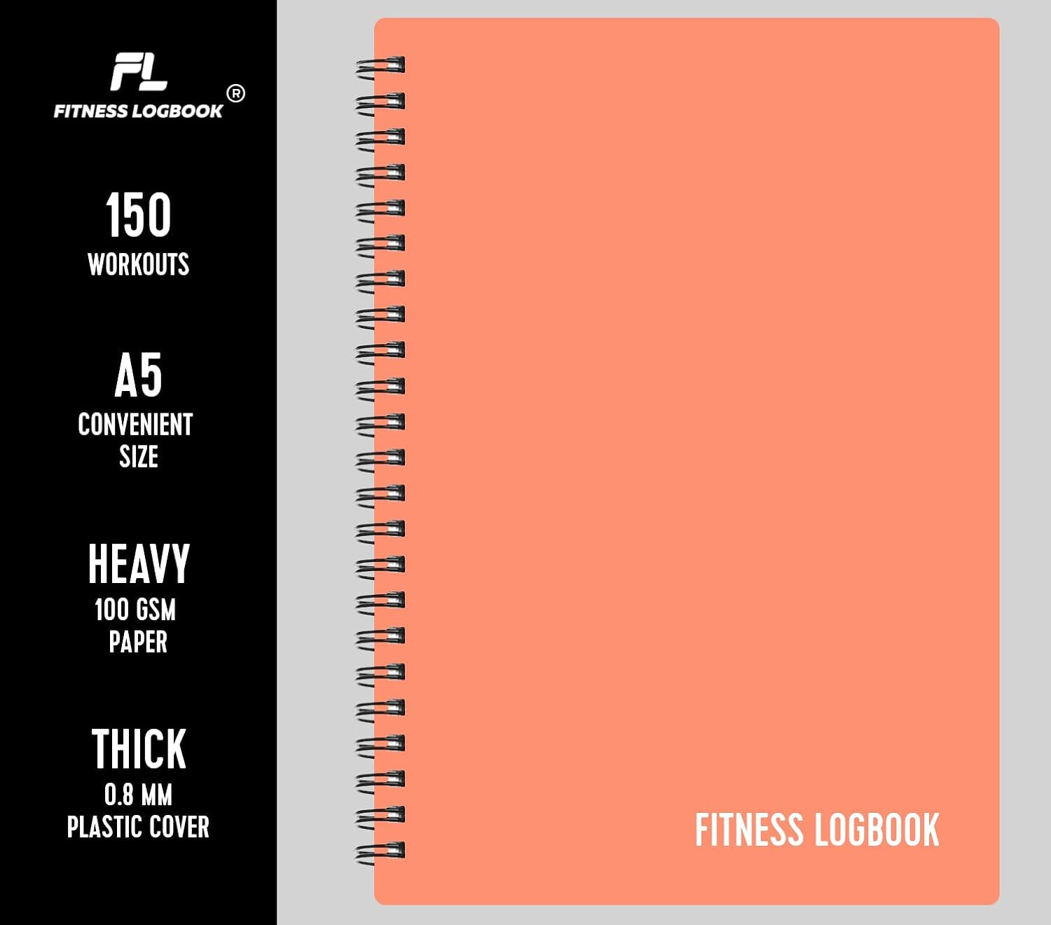 (Peach) - A5 Undated Workout Journal for Men & Women - Plastic Cover & Thick Paper - Planner Log Book to Track Weight Loss, Muscle Gain, Gym Exercise, Bodybuilding Progress