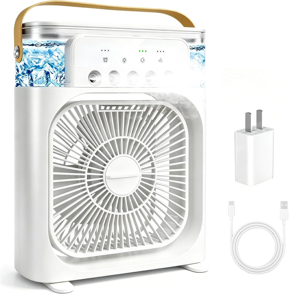 Portable Air Conditioner Fan, Mini Evaporative Air Cooler with 5 Spray Nozzles,3 Wind Speeds,3 Timers, 7 Colors LED Light,600Ml Personal AC Unit Fan for Bedroom Office Camping（White）