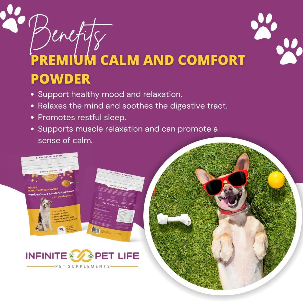 Infinite Pet Life Premium Calm & Comfort Peanut Butter Powder for Dogs- Anxiety Relief | Real Peanut Butter | 12.7 Oz | Fireworks, Thunder, Stress