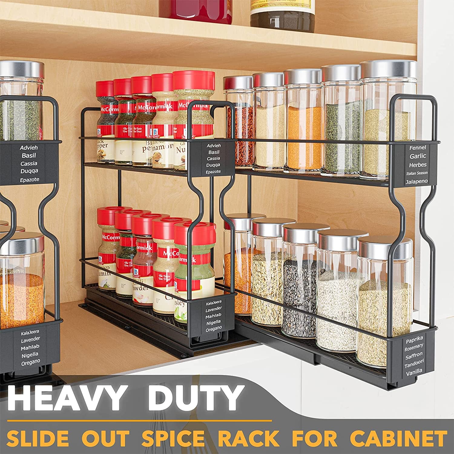 Pull Out Spice Rack Organizer for Cabinet, Heavy Duty Slide Out Seasoning Kitchen Organizer, Cabinet Organizer, with Labels, 5.2" W X10.75 D X10 H, 2 Drawers 2-Tier