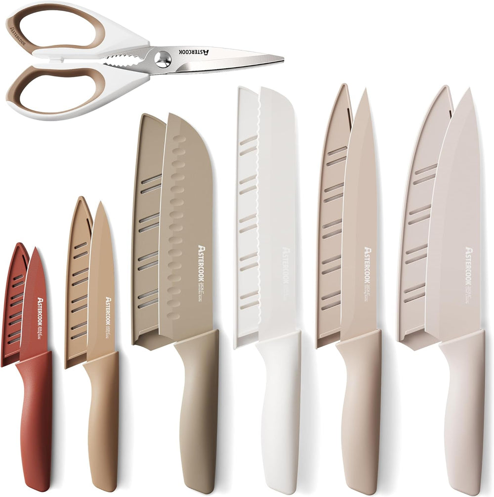 Knife Set, 13 Pieces Kitchen Knives Set with Healthy Anti-Rust Coating, Dishwasher Safe, Stainless Steel Chef Knife Sets with 6 Blade Guards, Fathers Day Gift for Men