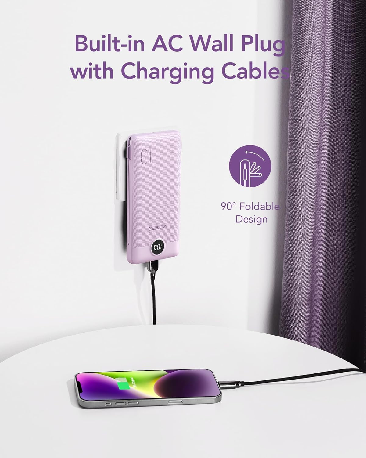Portable Charger with Built-In AC Plug and Cables, All in One 10000Mah Ultra Slim Power Bank Travel Essentials, Fast Charging Battery Pack Compatible with Iphone, Samsung, Android (Purple)