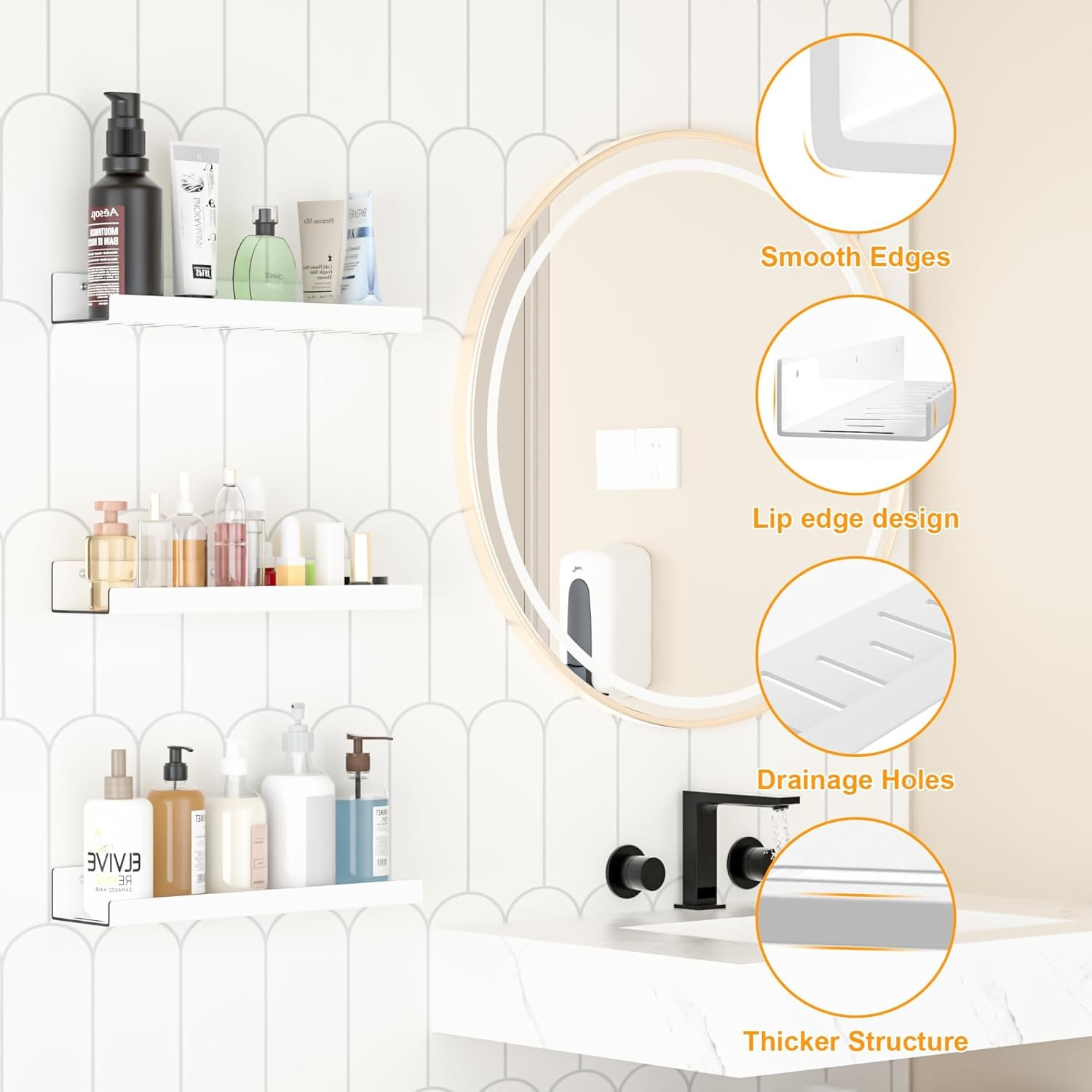 Floating Shelves â€“ Acrylic/Pet Wall-Mounted No Drill Storage with Adhesive, Invisible Bathroom & Bedroom Shelving for Kitchen, Living Room, Transparent Decor (White, 2-Piece Set)