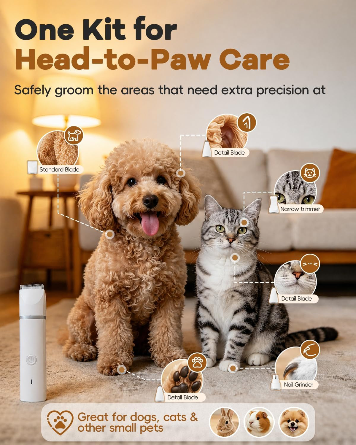 Dog Clippers Grooming Kit Hair Clipper-Low Noise Paw Trimmer- Rechargeable - Cordless Quiet Nail Grinder Shaver for Cats and Other Pets