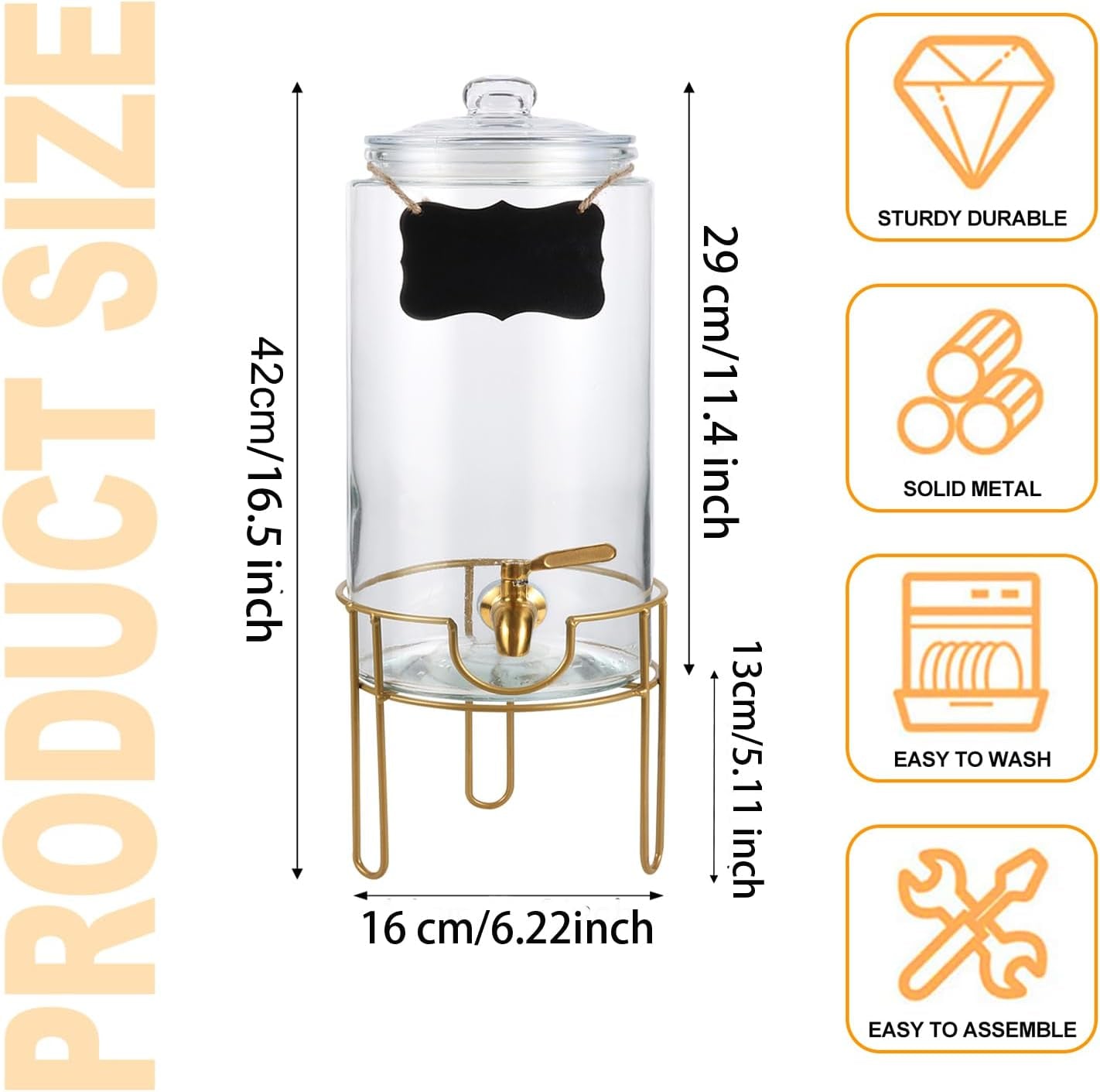 Drink Dispensers for Parties 1 Gallon, Bevarage Dispenser with Stand,Glass Drink Dispenser with Stainless Steel Spigot + Marker & Chalkboard, Ideal for Lemonade,Juice, Tea, and Party Drinks