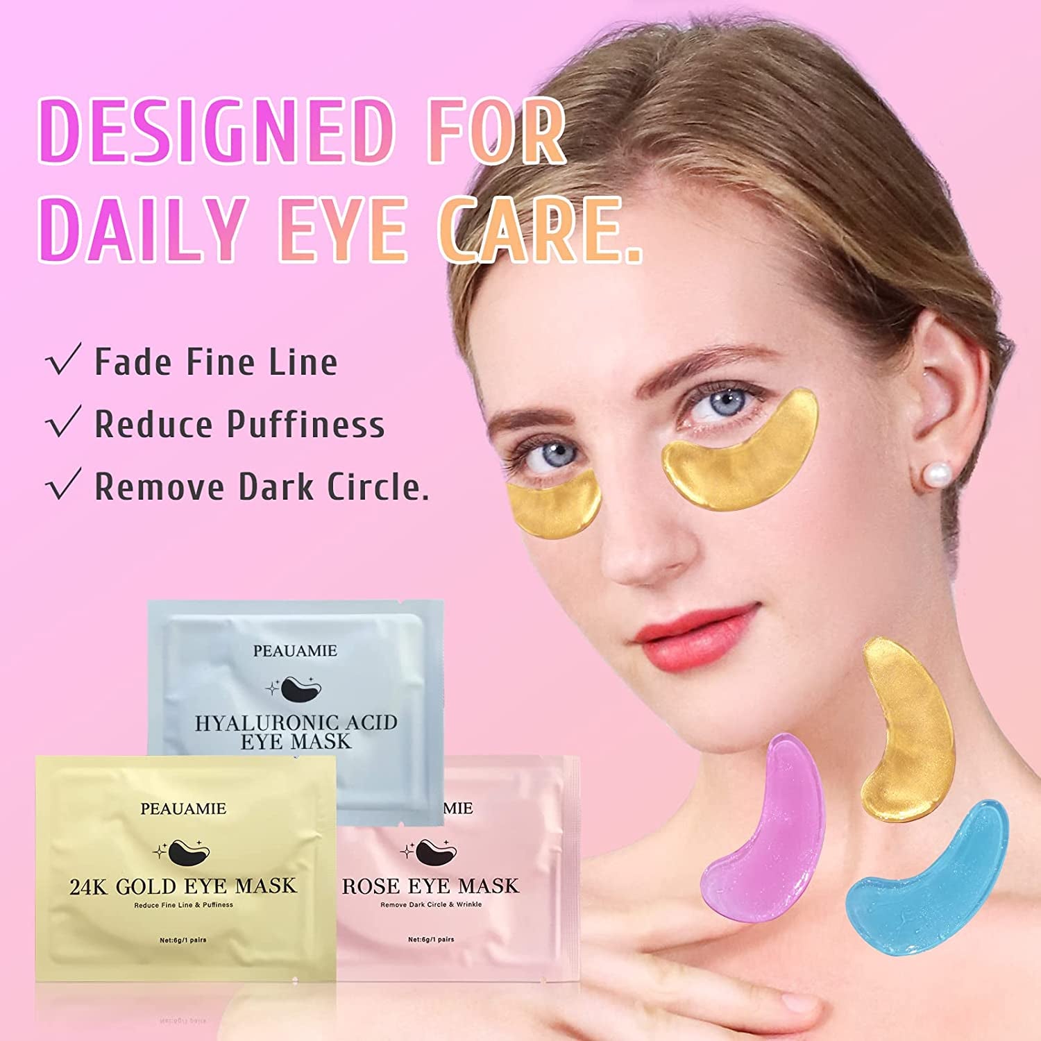 under Eye Patches Gold and Hyaluronic Acid for Puffy Eyes,Rose Eye Masks for Dark Circles and Puffiness Skin Care Smooth Wrinkles Products 30 Pairs