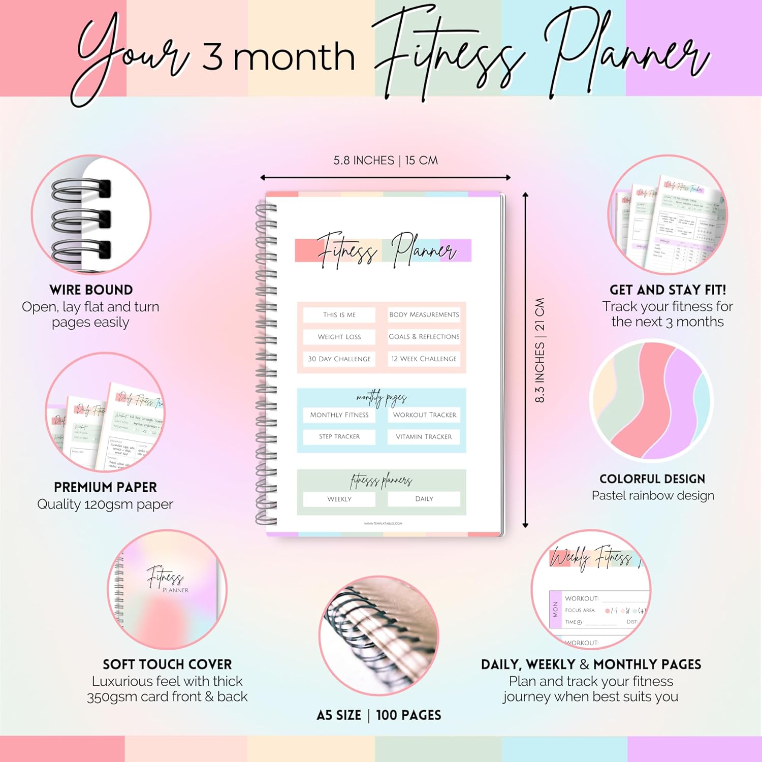3 Month Fitness & Workout Planner for Women | Gym Journal, Weight Loss Tracker, Meal Planner, Self Care Habit Tracker | Workout & Wellness Journal | A5 (Rainbow)