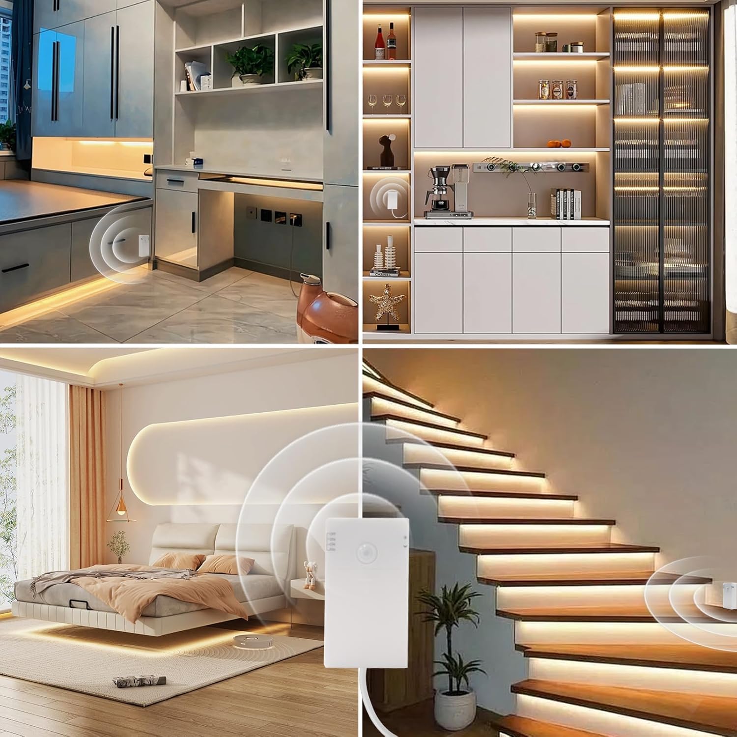 Battery Operated Motion Sensor Cabinet Strip Lights, 9.8Ft 90 LED under Cabinet Lights, Motion & Night Sensor Safe Tape Light for Stairs Wardrobe Kitchen (Warm White)