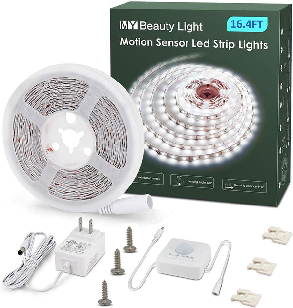 Motion Activated LED Strip Lights, 16.4Ft LED Light Strip with Day or Night 2 Lighting Modes, 3 Timing off Modes, Bright White 12V Plug-In LED Rope Lights for under Cabinet, Kitchen