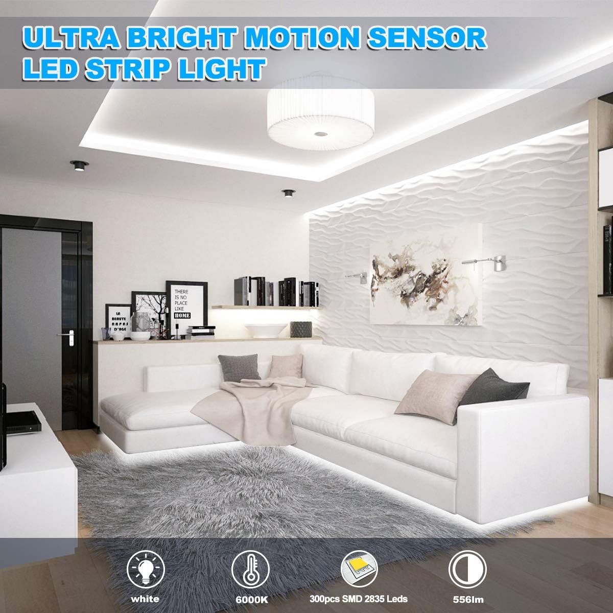 Motion Activated LED Strip Lights, 16.4Ft LED Light Strip with Day or Night 2 Lighting Modes, 3 Timing off Modes, Bright White 12V Plug-In LED Rope Lights for under Cabinet, Kitchen