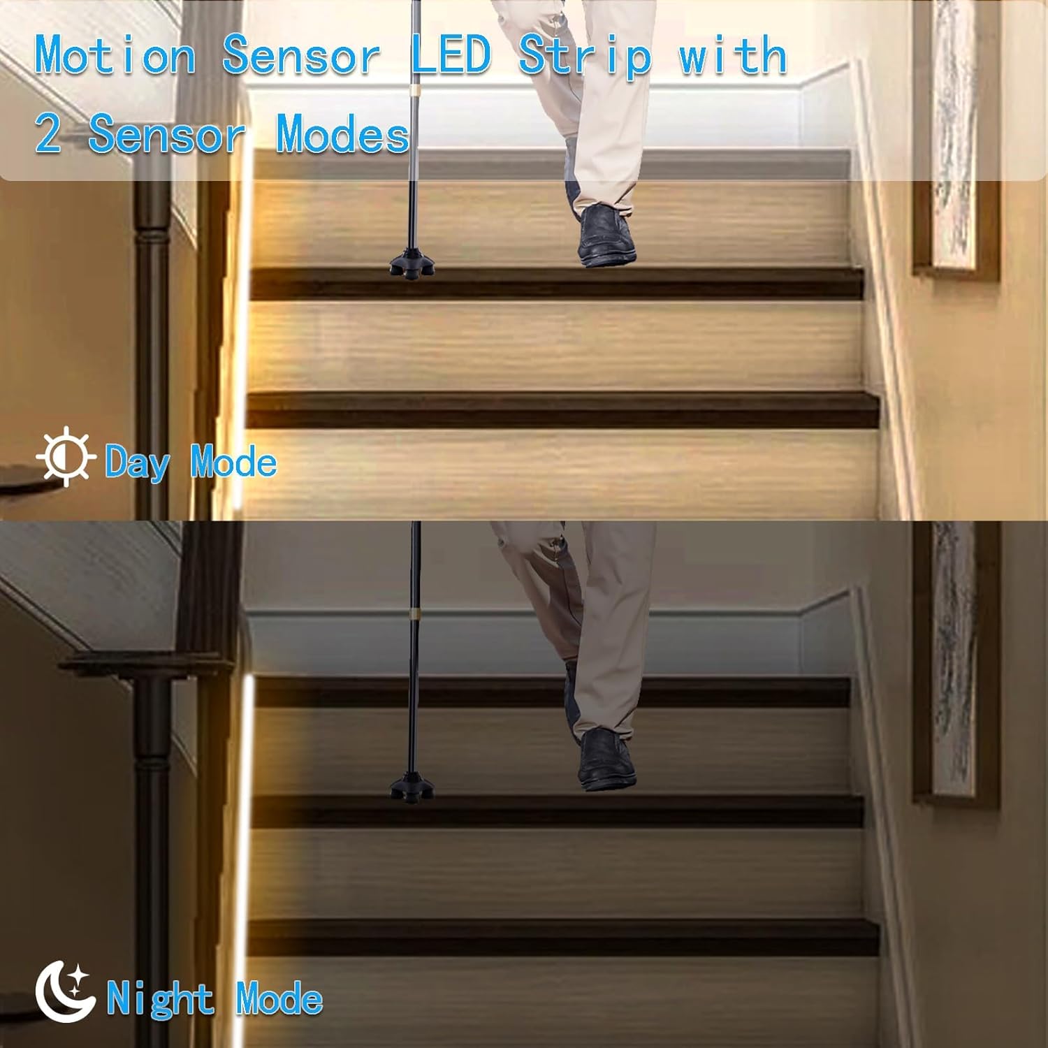 Battery Operated Motion Sensor Cabinet Strip Lights, 9.8Ft 90 LED under Cabinet Lights, Motion & Night Sensor Safe Tape Light for Stairs Wardrobe Kitchen (Warm White)