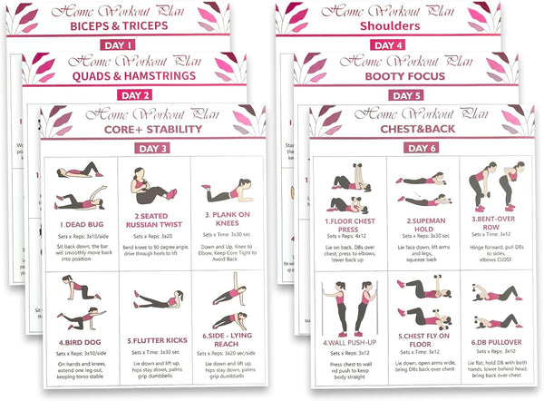 6-Pack Dumbbell Workout Posters for Beginners | Home Fitness Plan with Daily Exercise Routines for Weight Loss & Muscle Tone, Strength & Flexibility | Cycle through Daily Guided Workouts | 8X10 Inch Charts (Red)