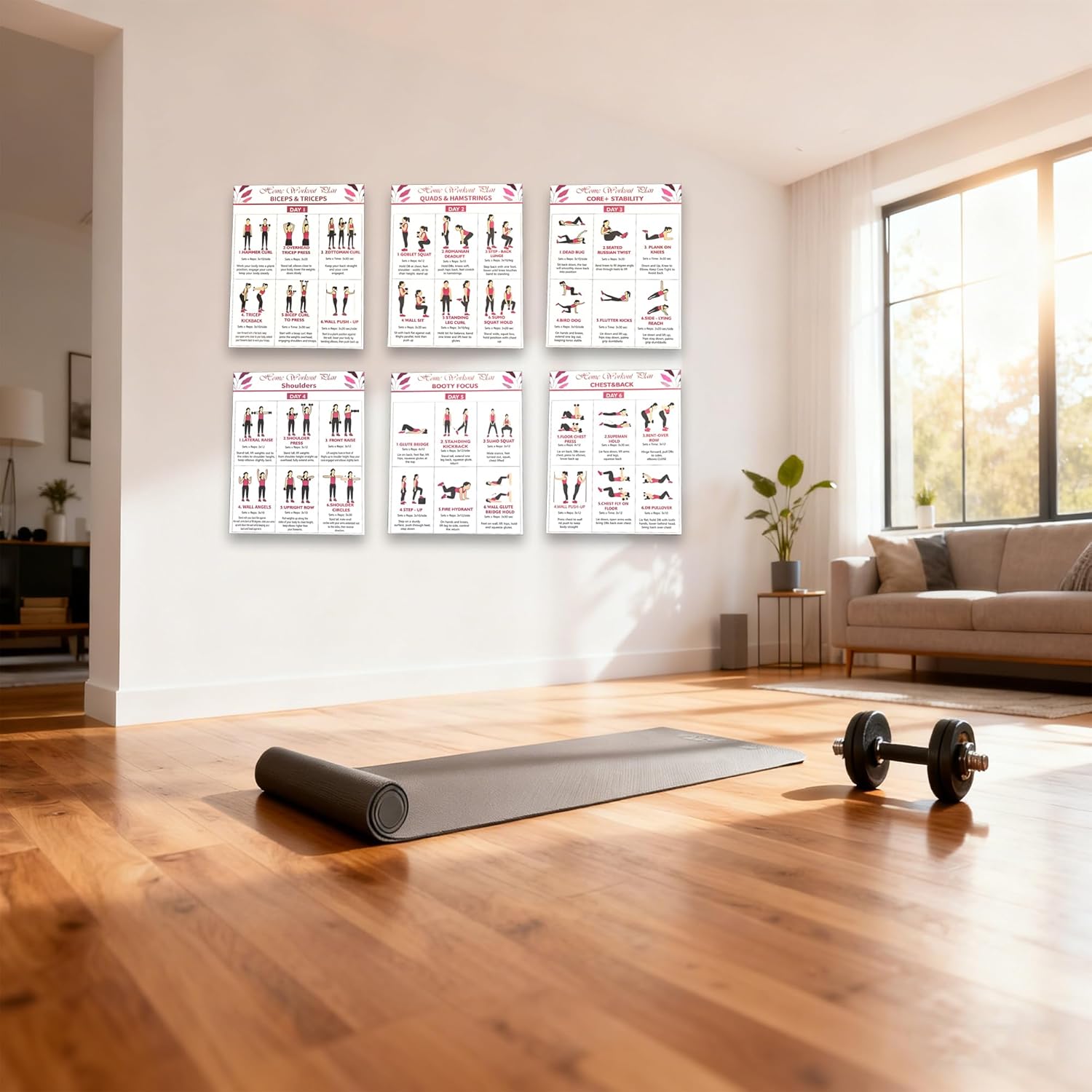 6-Pack Dumbbell Workout Posters for Beginners | Home Fitness Plan with Daily Exercise Routines for Weight Loss & Muscle Tone, Strength & Flexibility | Cycle through Daily Guided Workouts | 8X10 Inch Charts (Red)