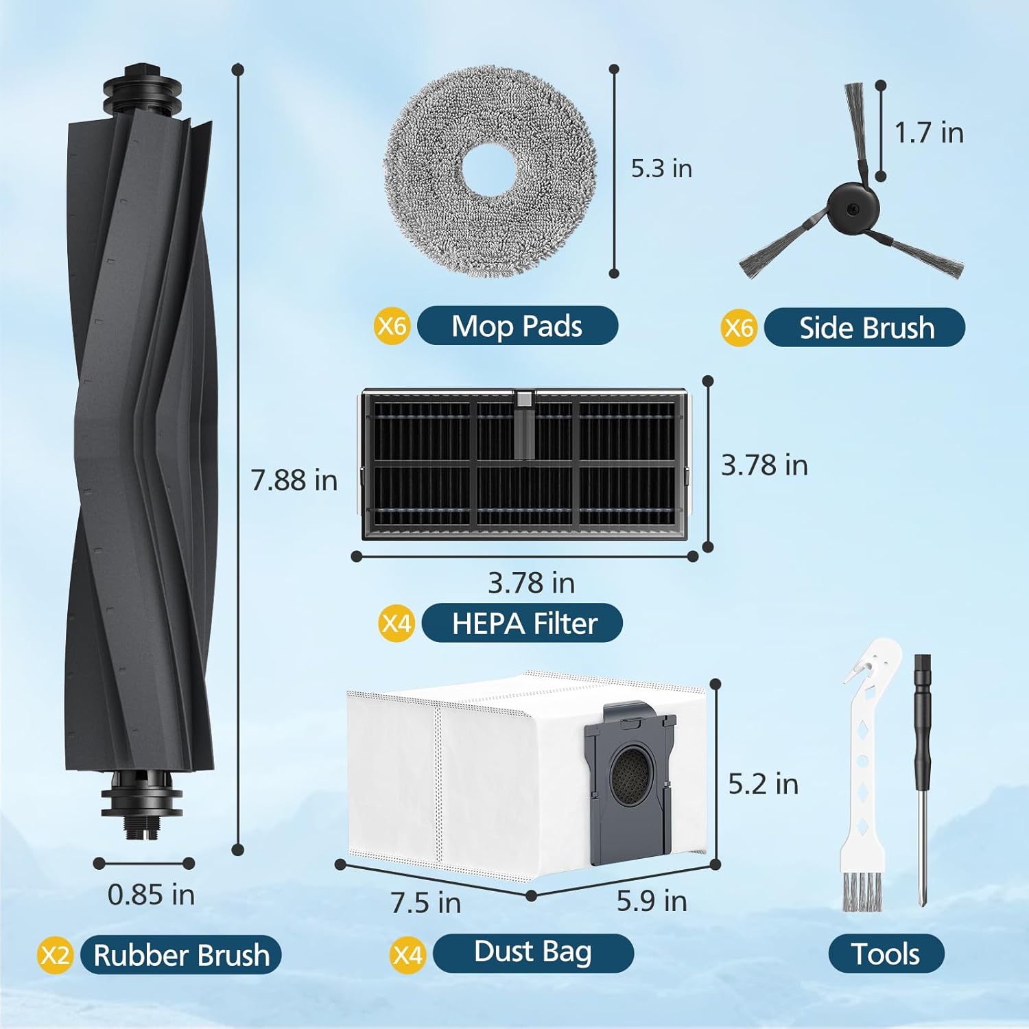 Accessories for Dreame L40 Ultra (Gen 2)/ X40 Ultra/ X40 Master/ D30 Ultra, for MOVA P10 Pro Ultra (Gen 2)/ P50 Pro Ultra, 2*Rubber Main Brushes, 4*Dust Bags, 6*Mop Pads, 4*Filters, 6*Side Brushes