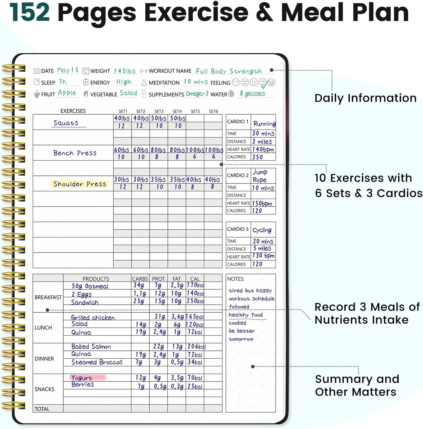 Fitness Journal for Women & Men, Food & Workout Journal Planner Log Book with Measuring Tape, Undated Wellness Planner to Track Weight Loss, Muscle Gain, Home Gym Exercise, Daily Nutrition, 9.5" X 7"