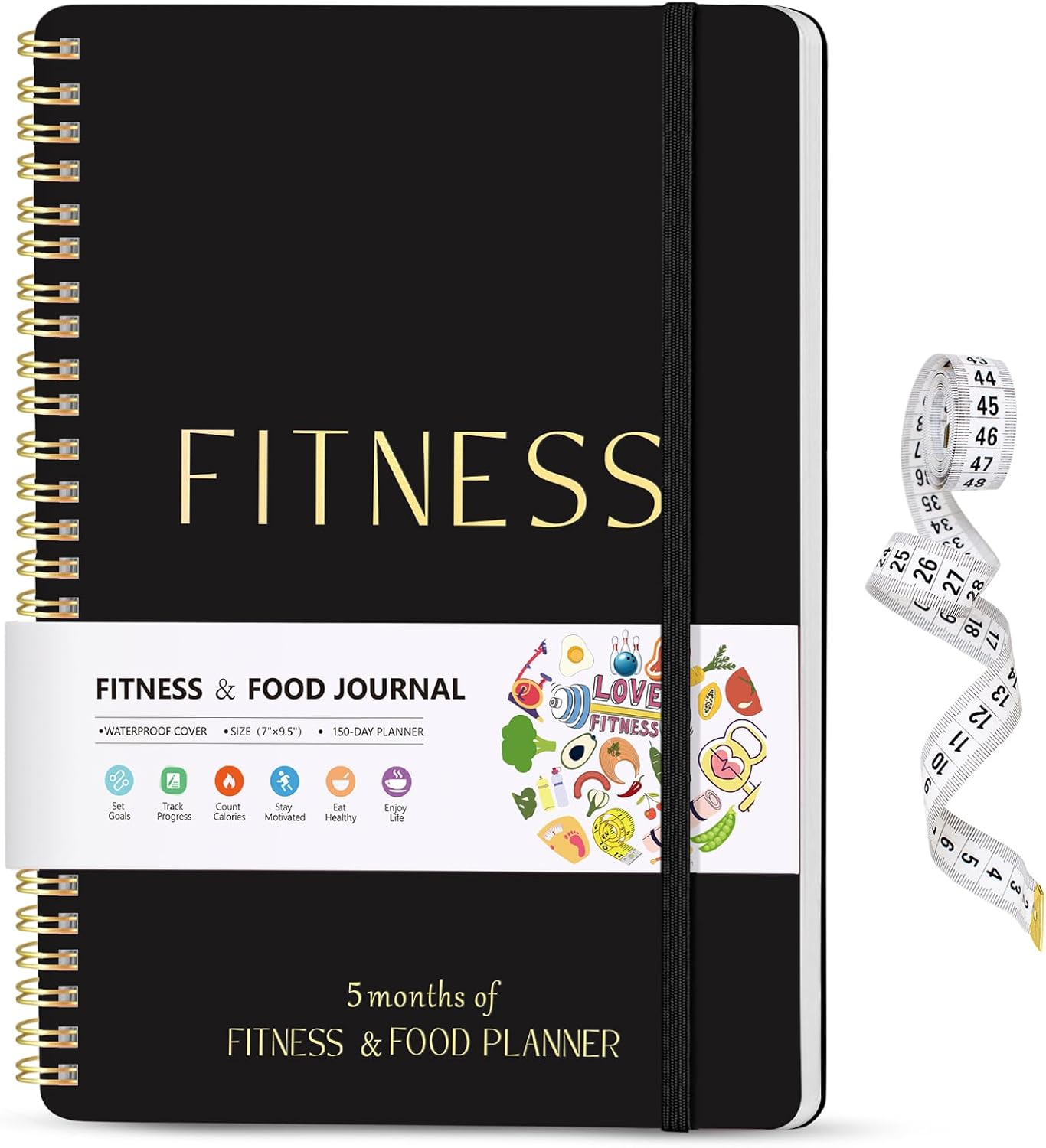 Fitness Journal for Women & Men, Food & Workout Journal Planner Log Book with Measuring Tape, Undated Wellness Planner to Track Weight Loss, Muscle Gain, Home Gym Exercise, Daily Nutrition, 9.5" X 7"
