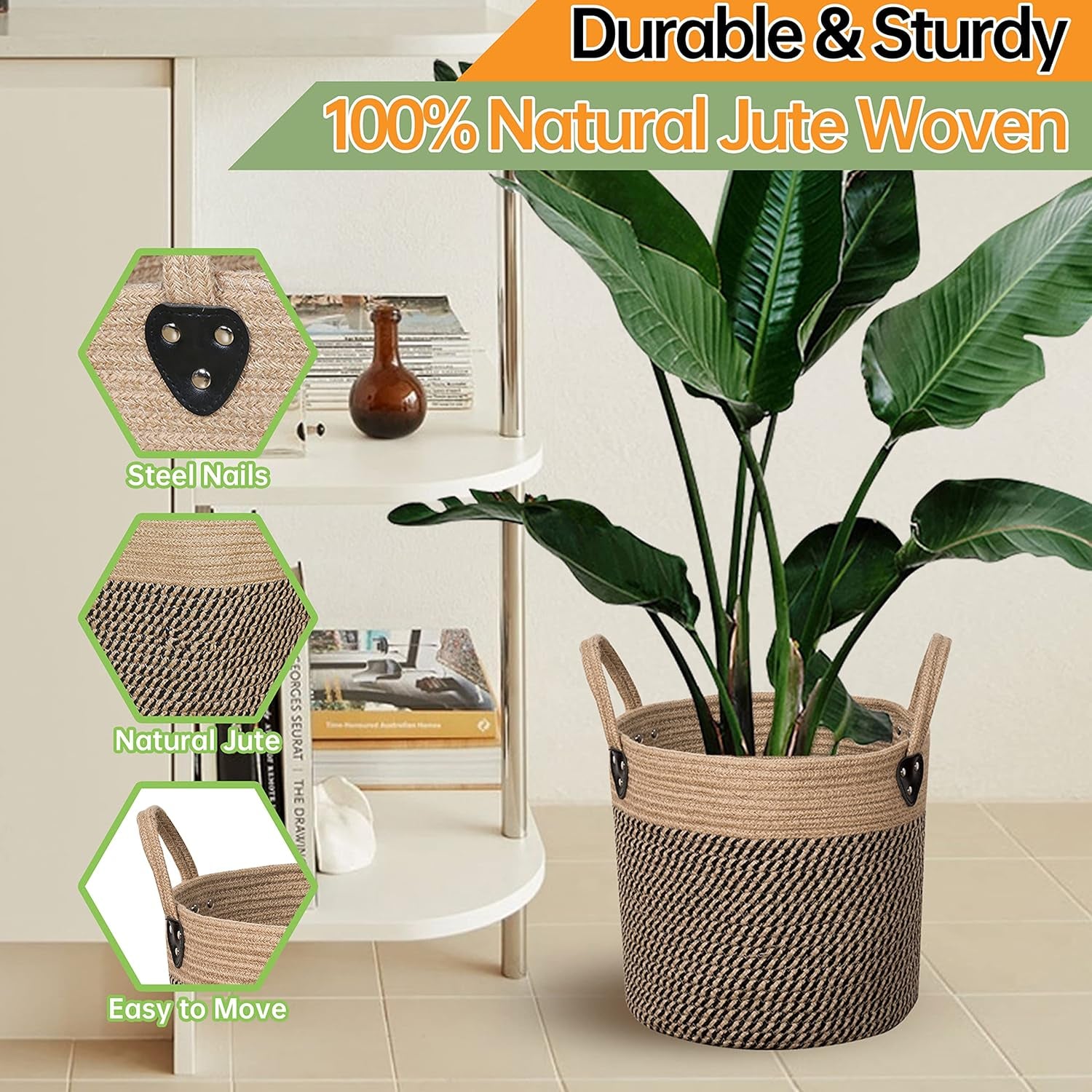 14"X12" Natural Jute Rope Woven Storage Basket with Handles for Plant, Blankets,Toys,Clothes,Shoes - Living Room Home Decor,Multifunctional Basket for Organizer,Picnic,Artificial Tree