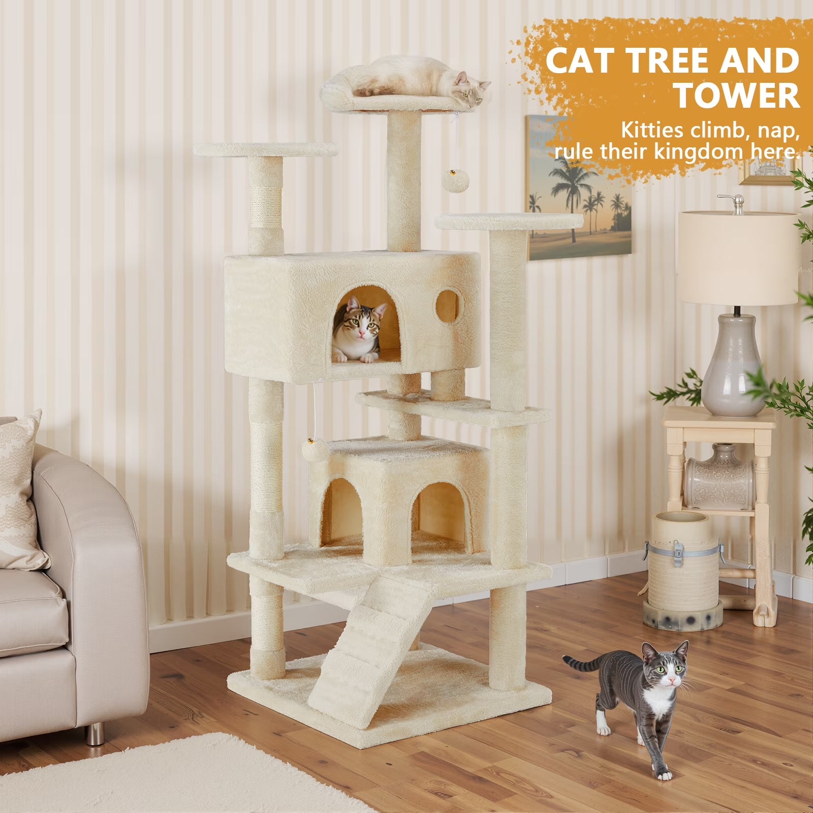 54 Inch Cat Tree Tower with Scratching Post, Multi-Level Cat Condo Pet House Play with Stable Base, Beige